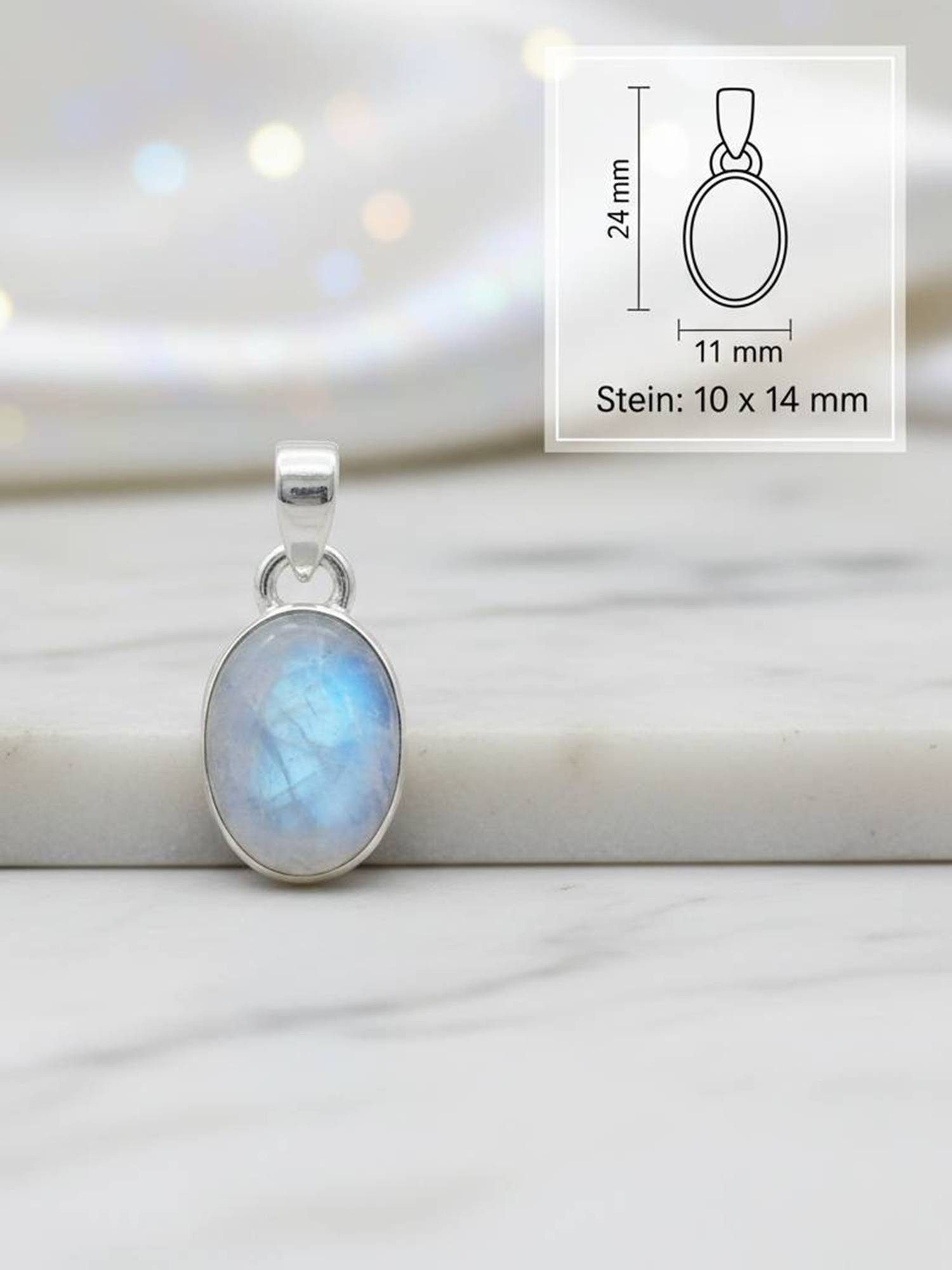 mantraroma Kettenanhänger SAMA oval aus 925 Silber mit Regenbogen Mondstein (Kettenanhänger am Baumwollband im Schmuckbeutel), 925 Sterling Silber Kettenanhänger für Damen