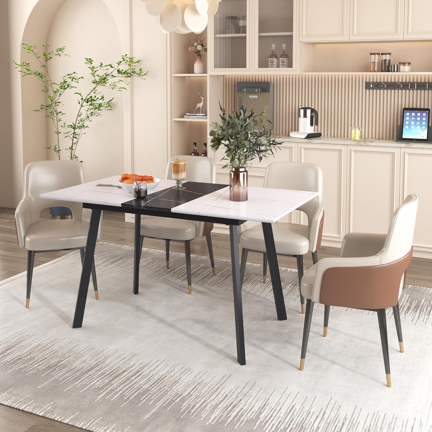 IDEASY Esstisch einziehbarer moderner Esstisch,Metallstruktur, (Vierkantrohrbeine und MDF, bietet Platz für 4–6 Personen), Küchentisch Küche Esszimmer 110-140cm x 75cm x 77cm