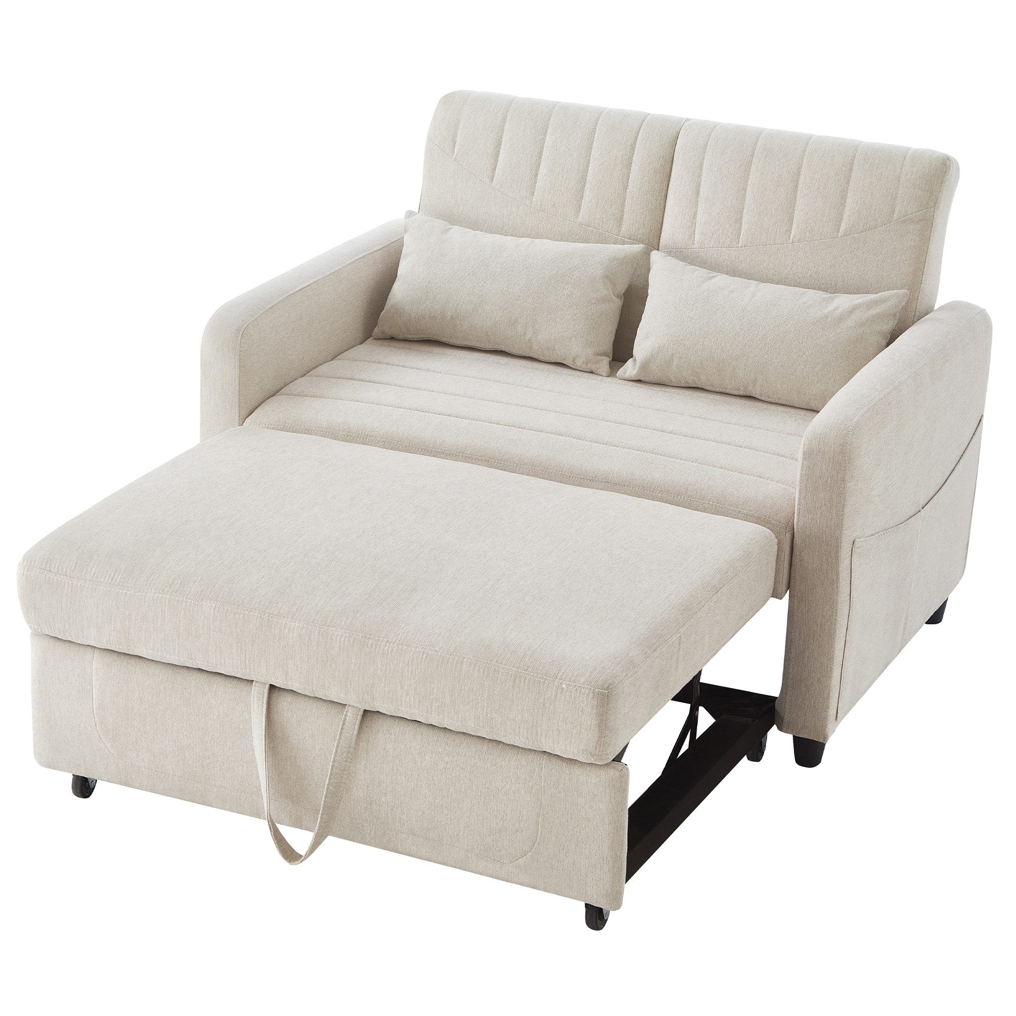 Merax Schlafsofa mit Schlaffunktion, Zweisitzer-Klappsofa, Baumwoll-Leinen-Stoff 1 Teile, Ausziehbares Sofabett mit 3-stufig verstellbarer Rückenlehne & Kissen