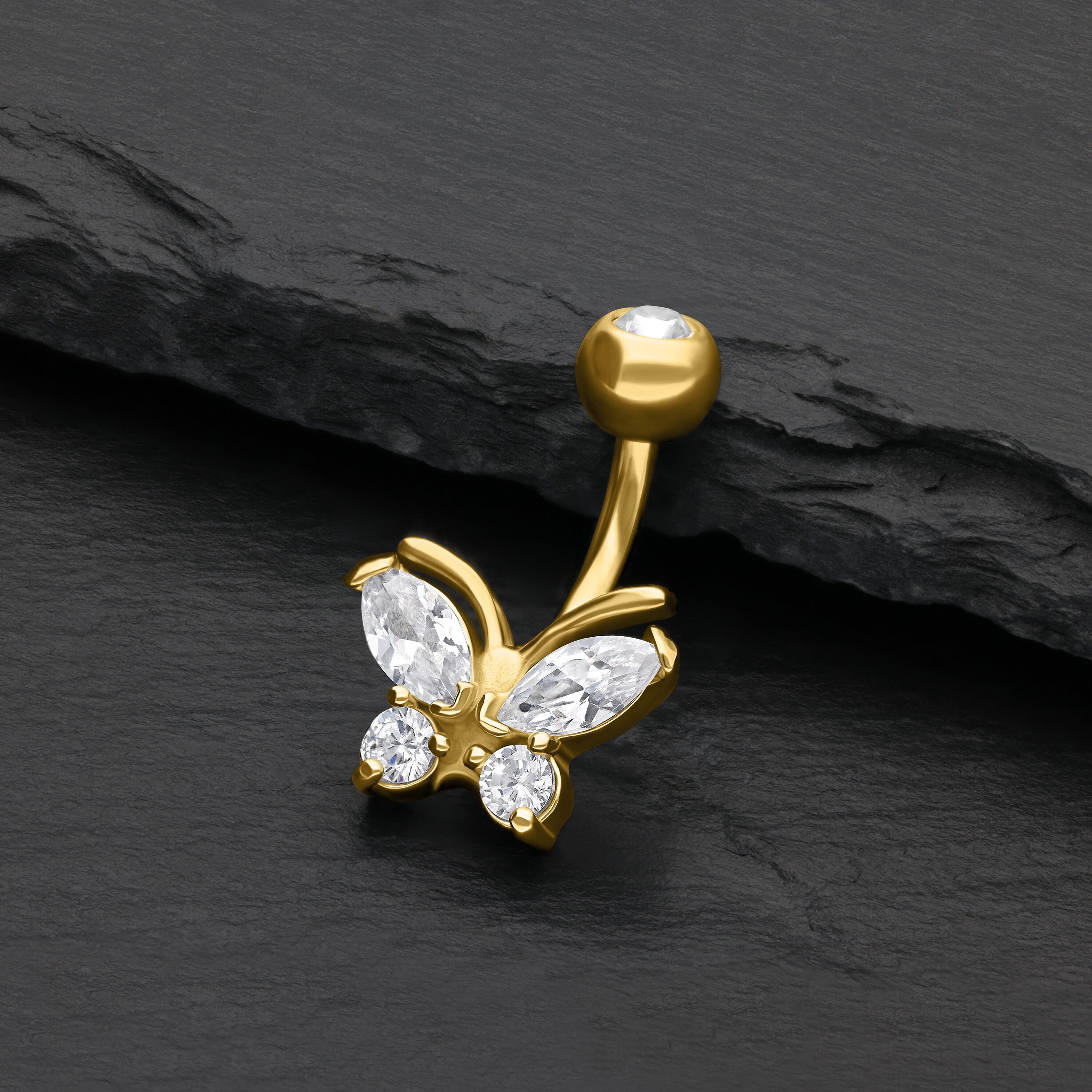 Wildcat Bauchnabelpiercing Butterfly Double Jewelled Bananabell für Bauchnabel, 1 Stück, Chirurgenstahl 316L - wasserfest, hautverträglich, Gold-Kristallklar