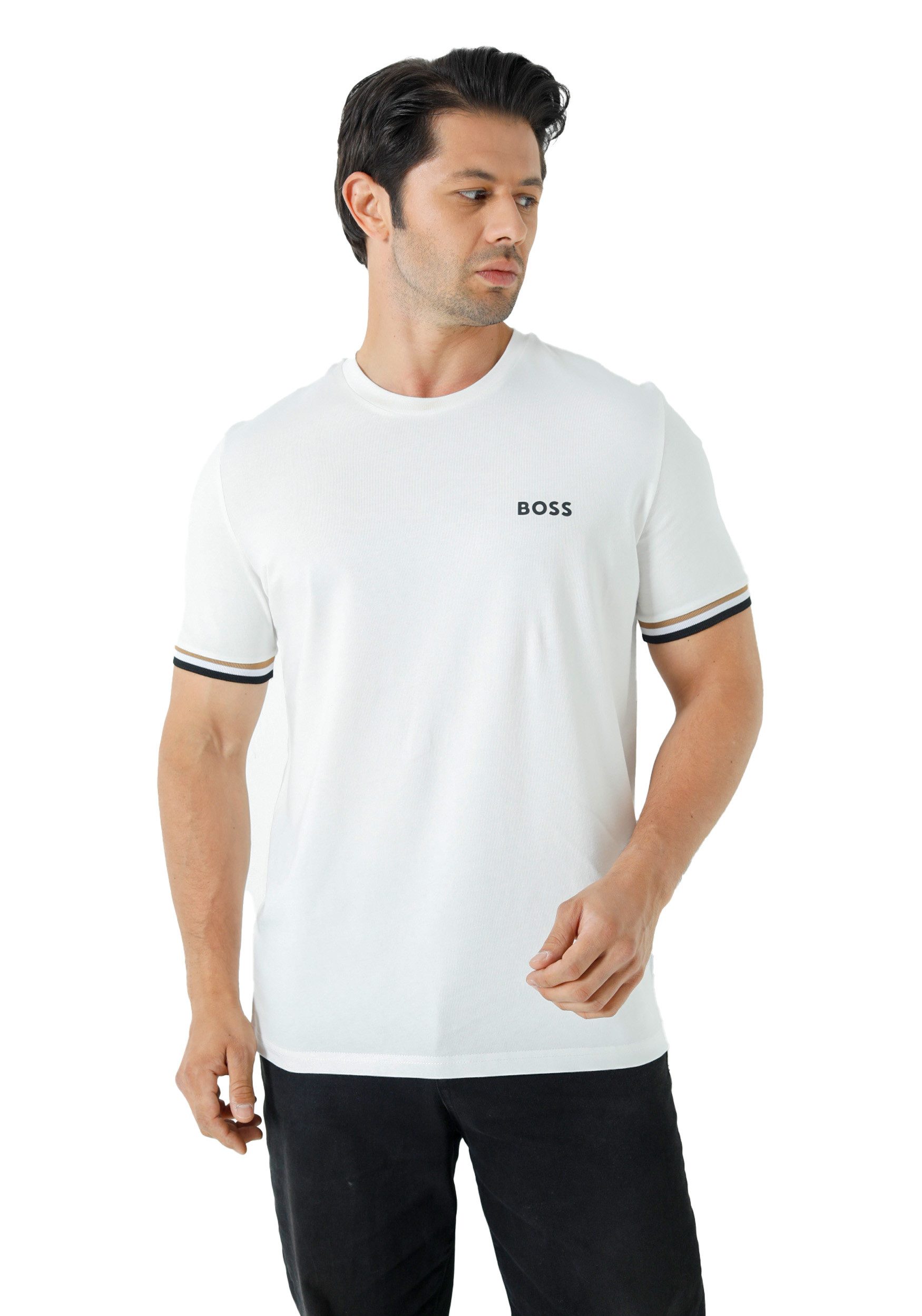 BOSS T-Shirt Hugo Boss Herren Shirt Kurzarm BOSS X MATTEO BERRETTINI mit waffelstruktur und signature-streifen-artwork
