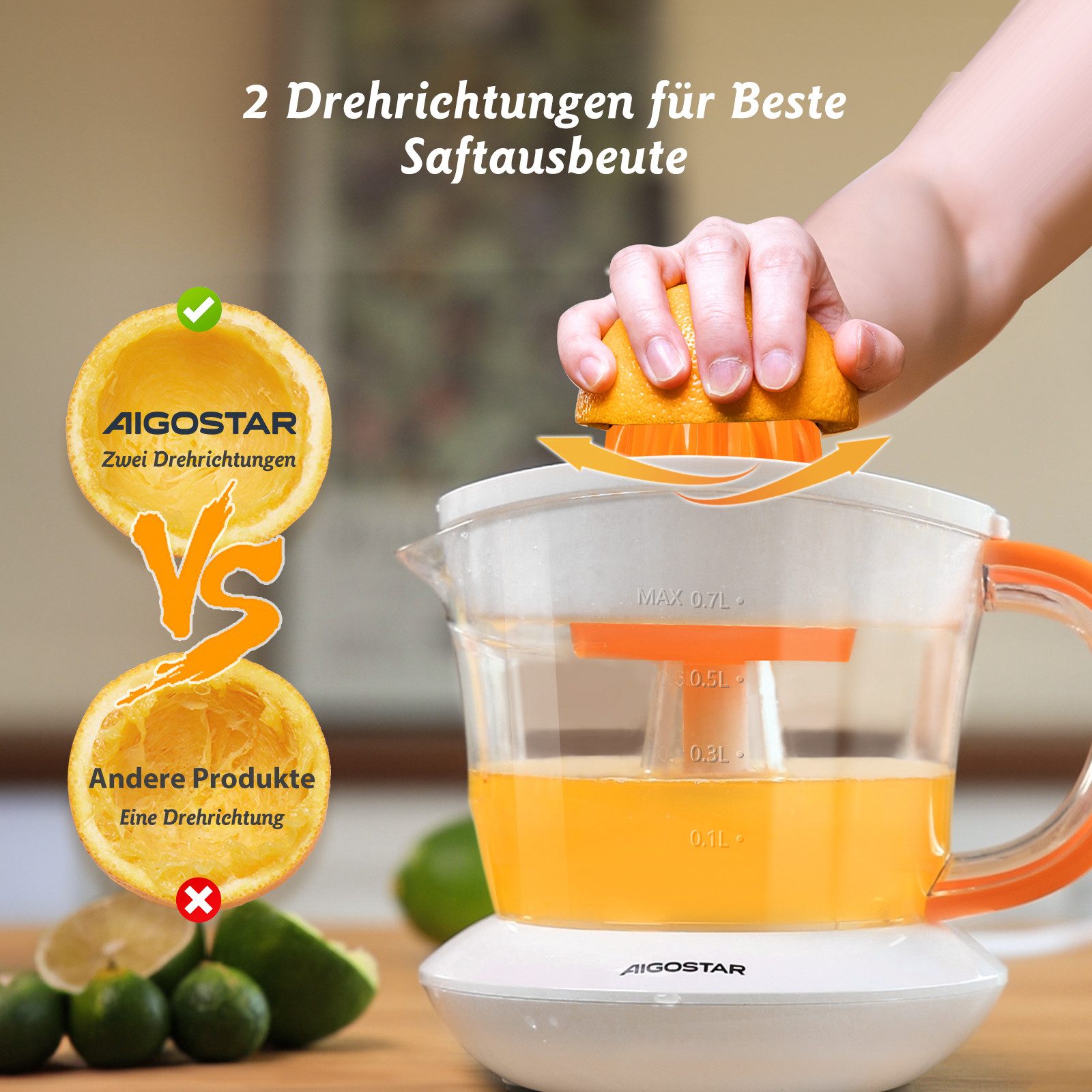 Aigostar Entsafter Saftpresse Elektrisch 2 Kegel, Orangenpresse, Zitruspresse, 40,00 W, Hohe Saftausbeute, Tropfsicherer Auslauf, 100% reiner Saft, BPA-frei – Bild 3 von 5