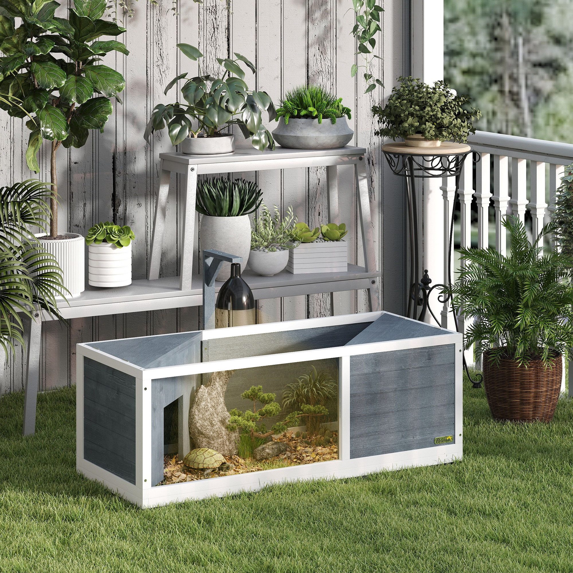 PawHut Terrarium Schildkrötenhaus aus Holz, Schildkrötengehege mit zwei Haupthäusern, 120 x 50 x 40 cm, Grau