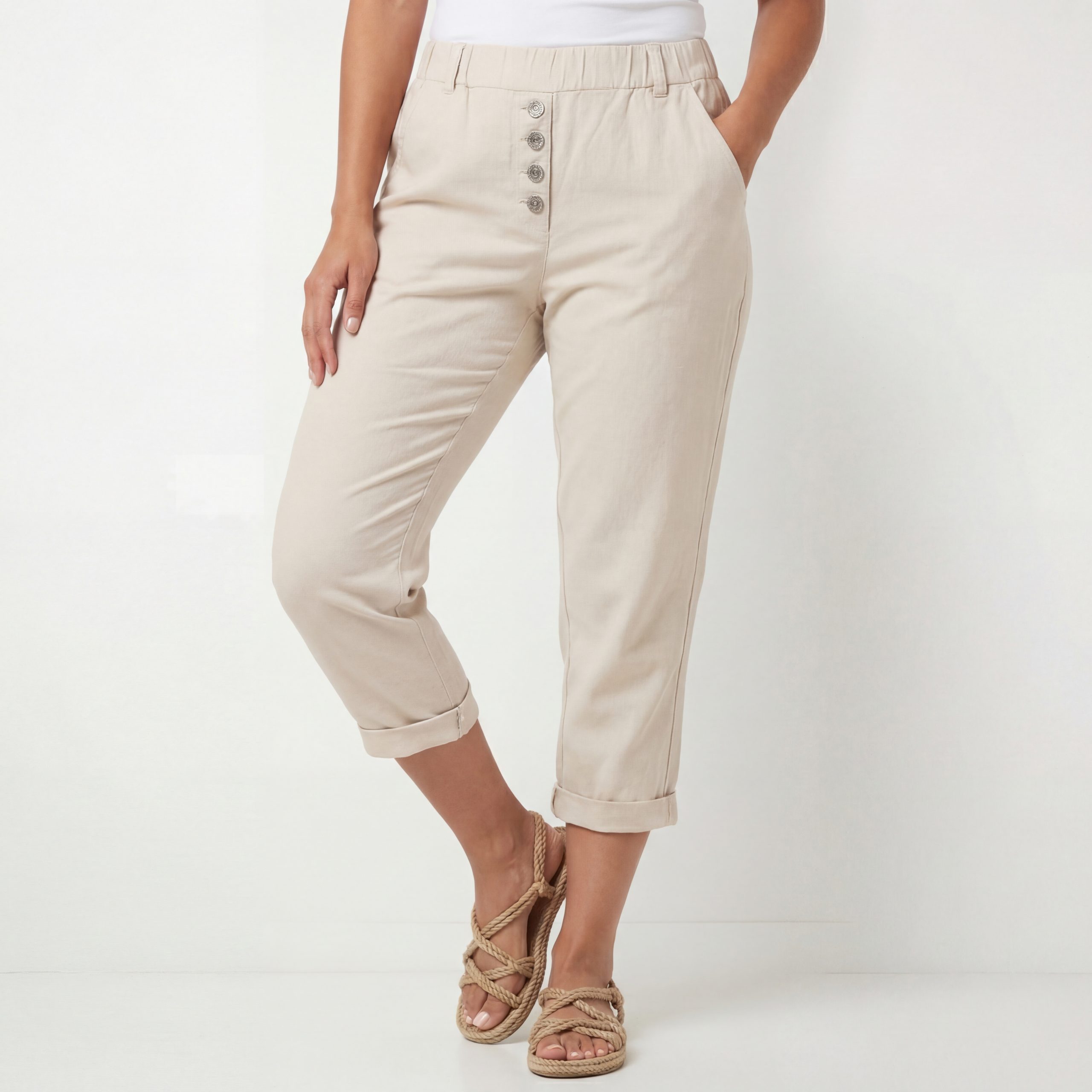OriginalYou Caprihose Damen mit Stretch Knitterlook kurze Sommerhose mit Gummizug moderner Knitterlook, mit Gummizug und Gürtelschlaufen – Bild 3 von 5