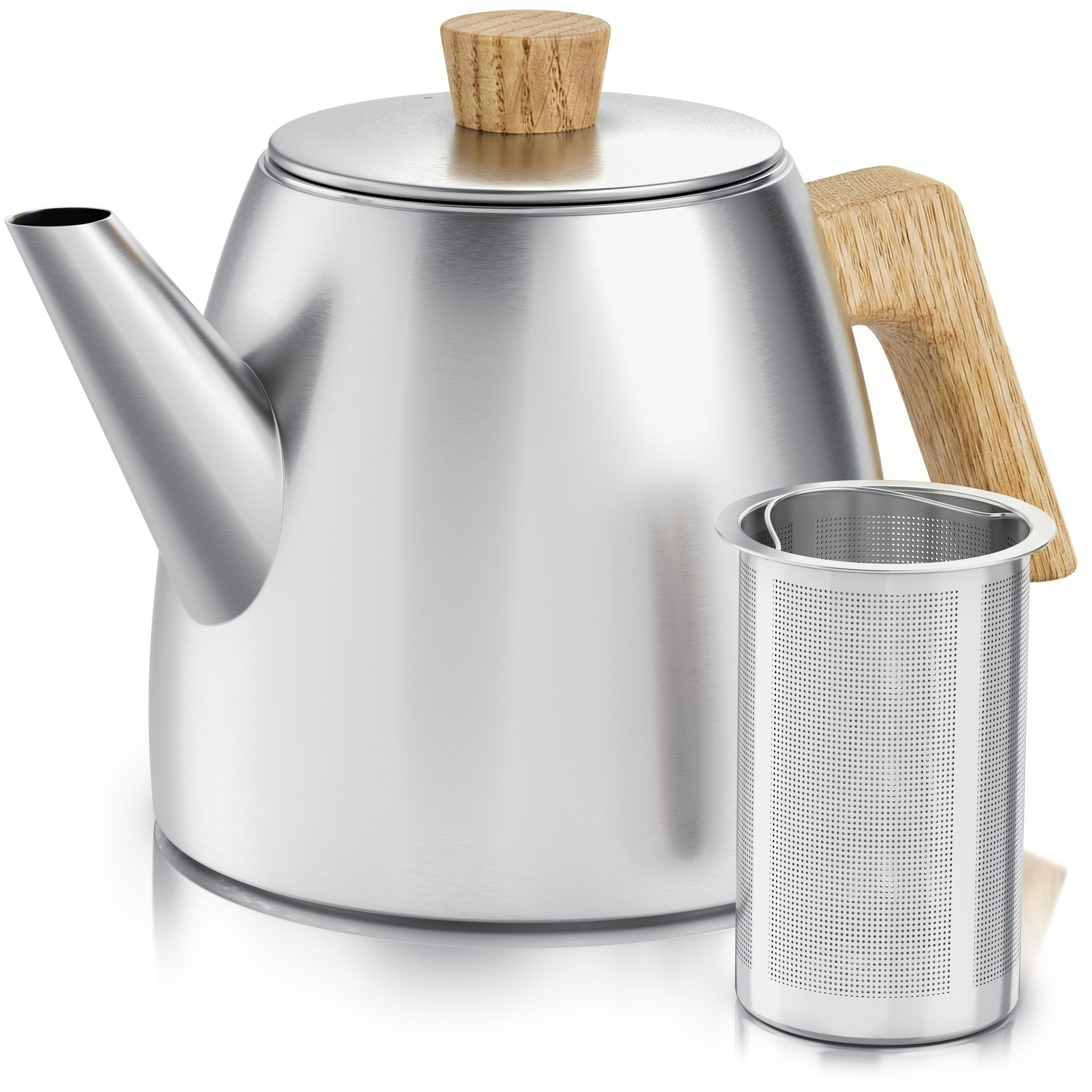 Arendo Teekanne Edelstahl, Siebeinsatz, 1000 ml, mit Griffen aus Holz, Isolierkanne, 1 l, (Set, 2-St), Doppelwandige Thermo Isolierung, Kanne mit Teesieb für losen Tee