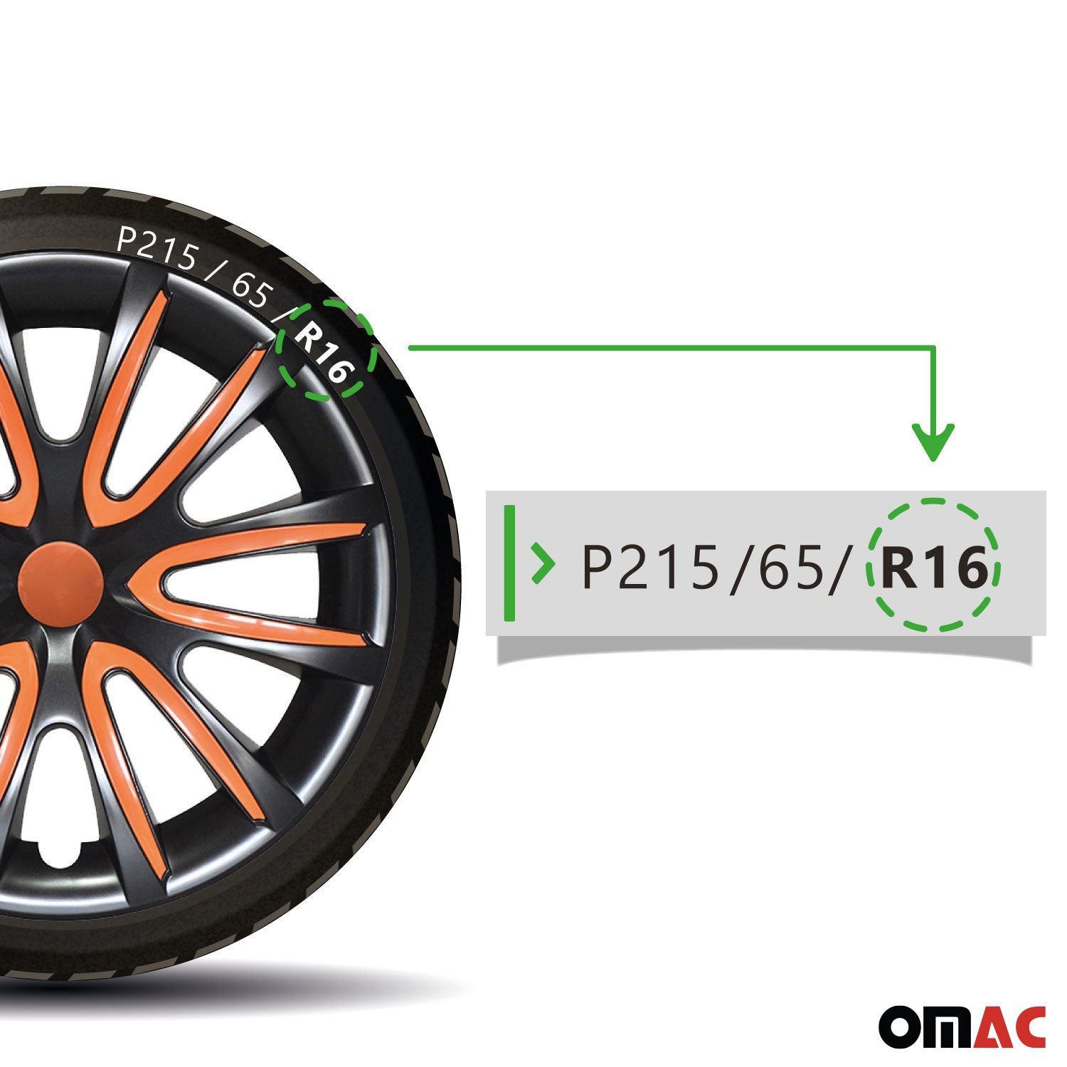 OMAC Wheel Covers 4x Wheel Covers 16 inch Black & Orange, (4-Piece Set) Easy Installation, Lightweight, Car Wash Safe