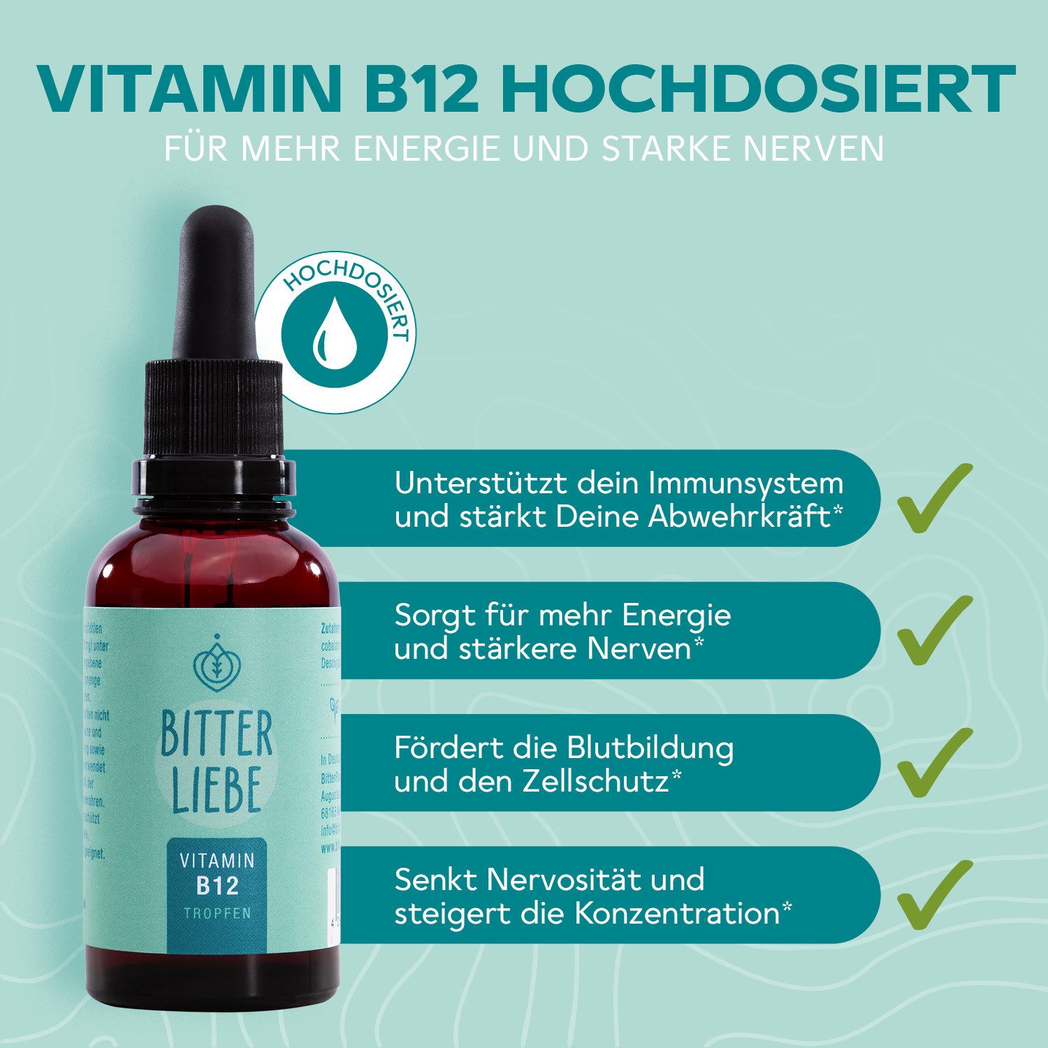 BitterLIebe - Vitamin B12 Komplex - Vitamin B12 Tropfen - hochdosiert 500µg - Tropfen