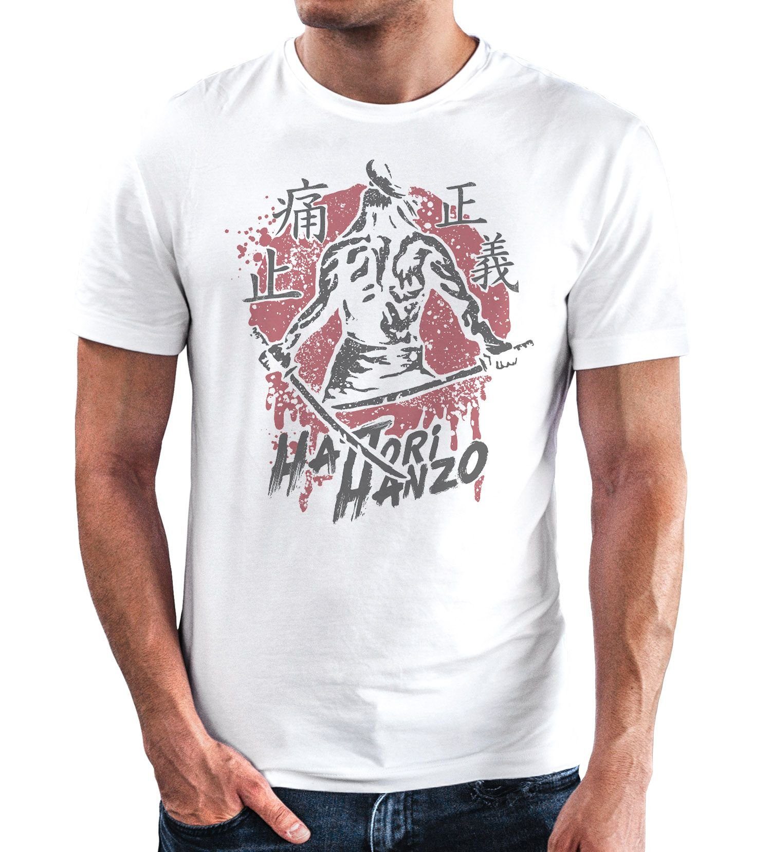 japanische weiß Fashion Neverless mit Print Herren Samurai Schriftzeichen Schriftzug Neverless® Print-Shirt Streetstyle Hanzo T-Shirt Hattori