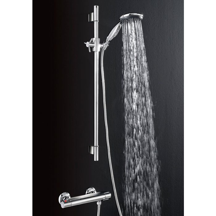 Schütte Duschsystem Aquasave Höhe 60 cm 5 Strahlart(en) Set Duschsystem mit Thermostat Duschkopf mit Schlauch und Halterung