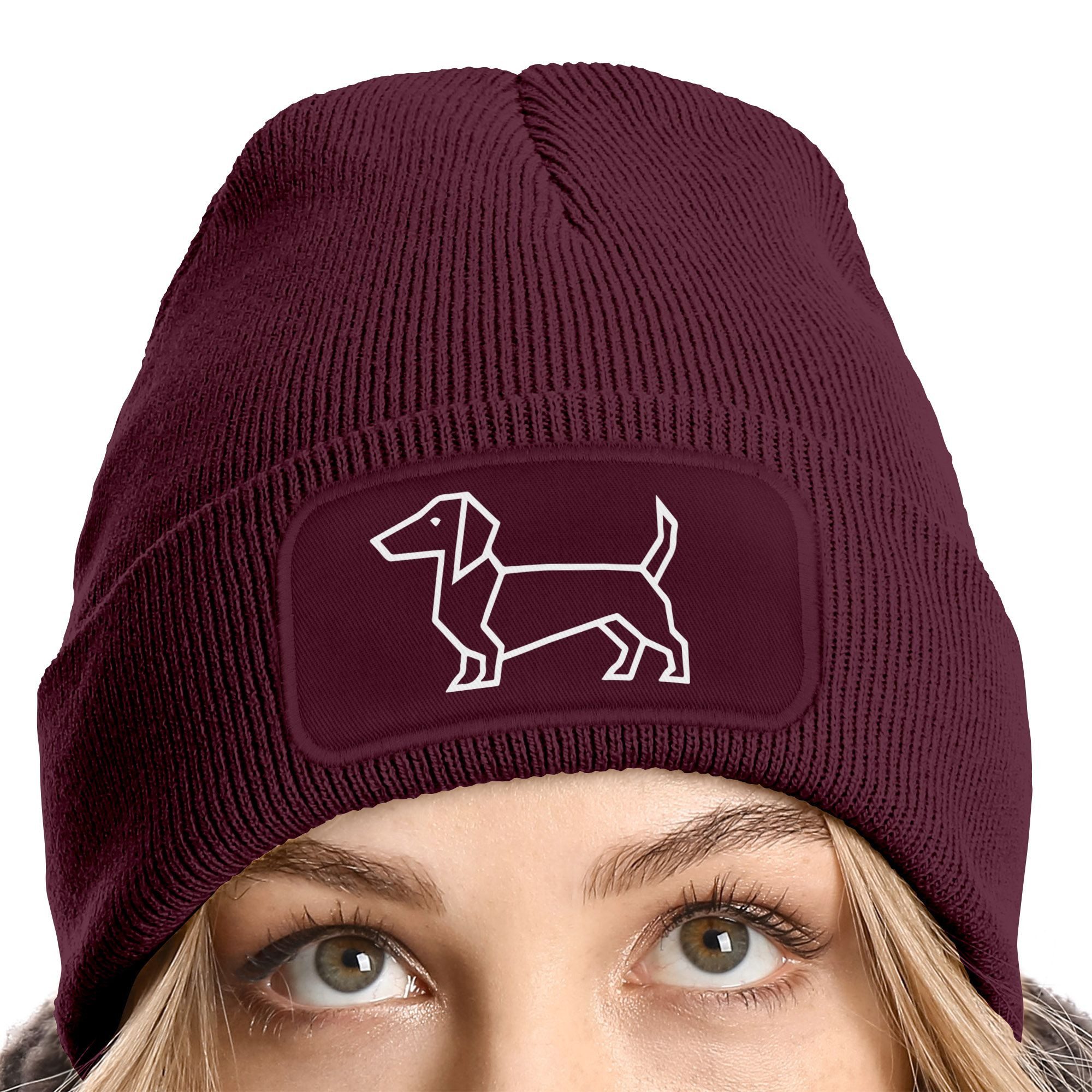 MoonWorks Strickmütze Damen Beanie mit Patch Strickmütze Aufdruck Dackel Polygon Hund – Bild 2 von 4