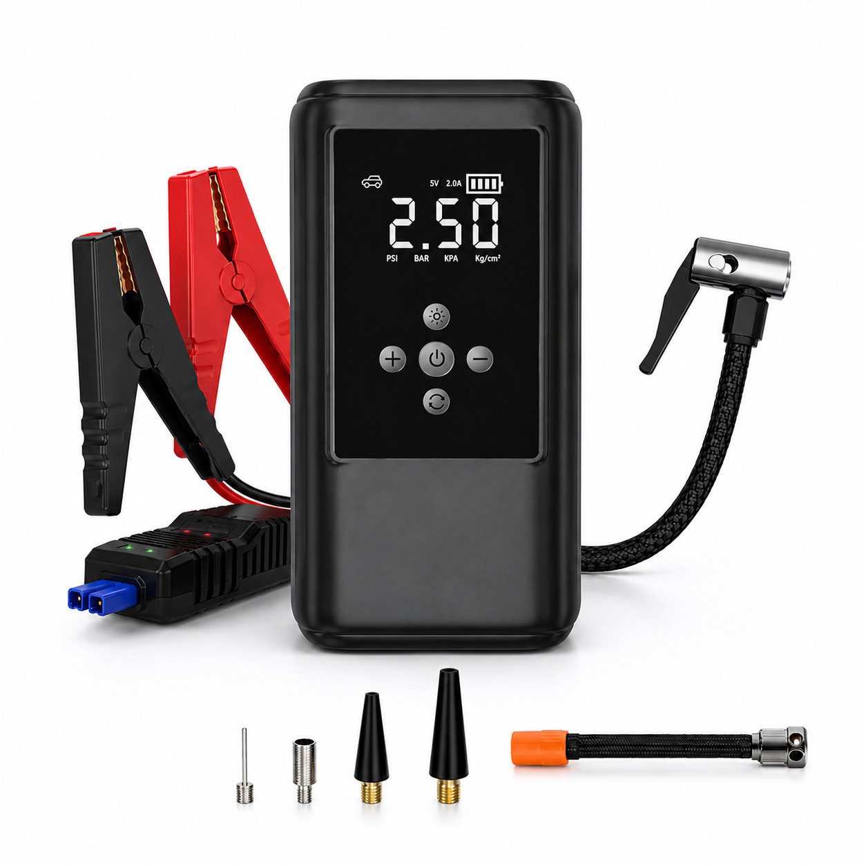 Tekoo Auto Starthilfe 12V 6400mAh mit Kompressor und Powerbank Autobatterie-Ladegerät (Packung, Starthilfe-Set mit Kompressor, Powerbank und Zubehör, 12V, 600A, 6400 mAh, Kompressor, LED-Licht)