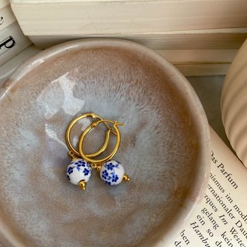 Brandlinger Paar Ohrhänger Ohrringe Nantes, mit Anhänger Keramik Perle, Blüten blau weiß