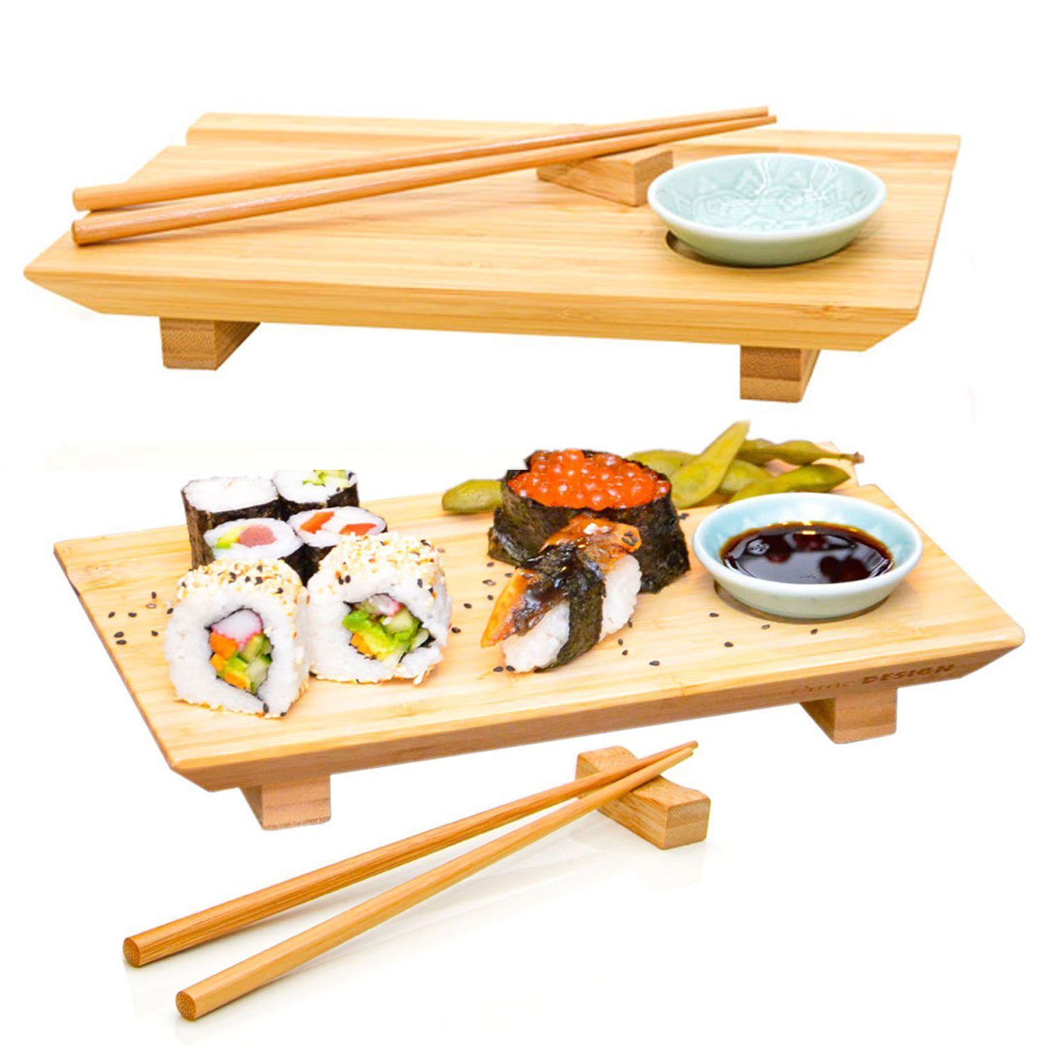 Brett DuneDesign 27x16x4 Sushi Platten, Teller Holz, Schälchen Japanisches mit Bambus Servierplatte (Set, Set 10-tlg), 2x