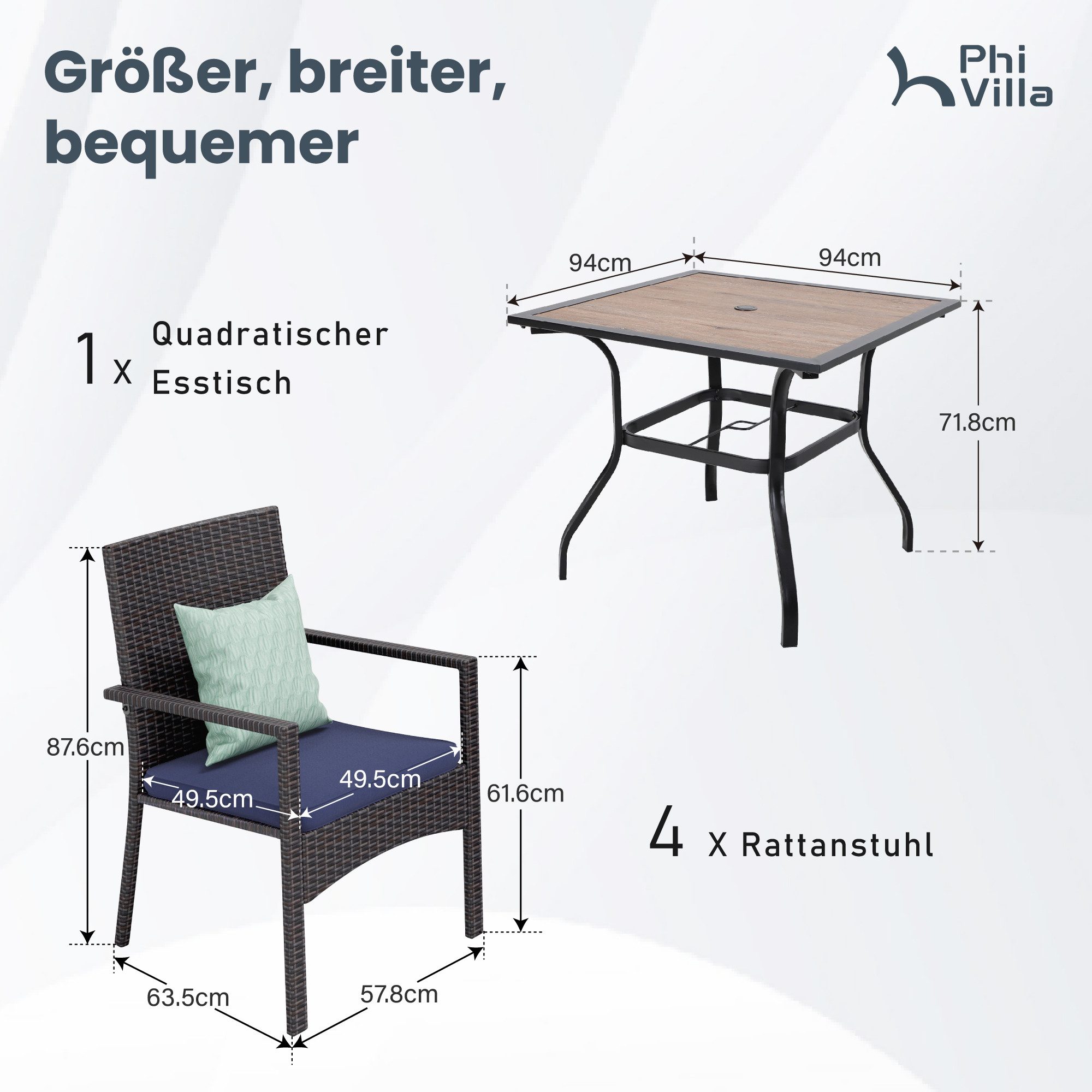 PHI VILLA Garten-Essgruppe, (94cm Quadratischer Gartentisch günstig online kaufen