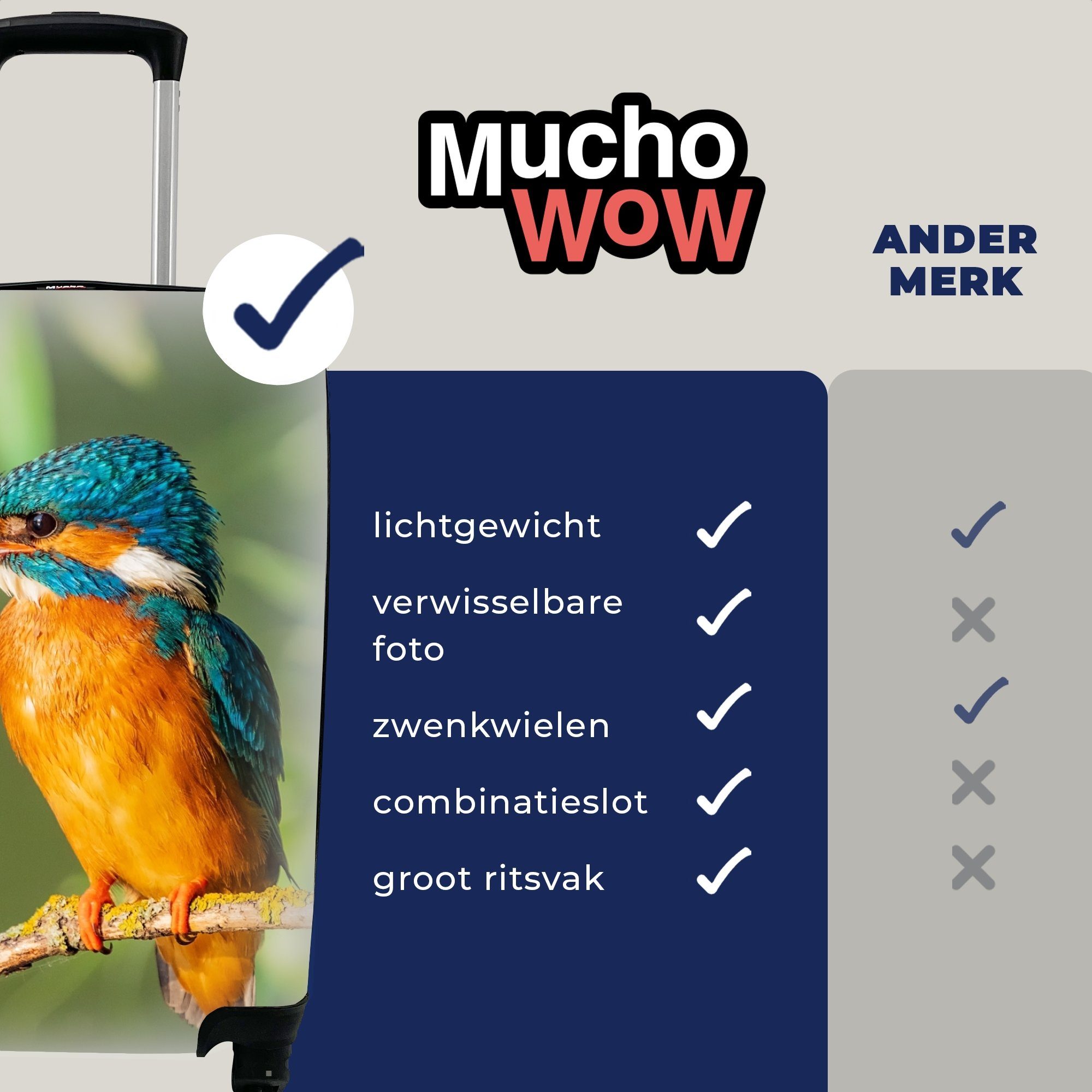 MuchoWow Handgepäckkoffer Vogel - Trolley, 4 Zweig für rollen, Reisetasche Rollen, - Reisekoffer Eisvogel - Ferien, Blätter - mit Handgepäck Moos
