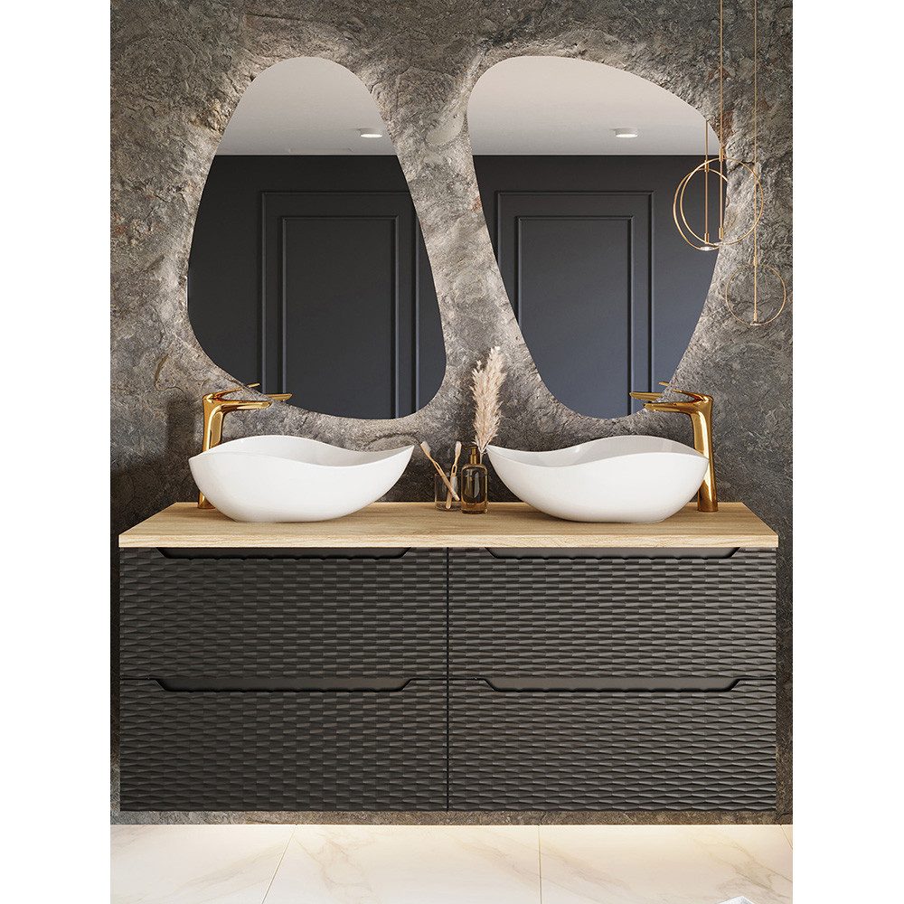 Lomadox Badmöbel-Set OLUO-56-BLACK, (Spar-Set, 3-St., LED-Spiegel Doppelwaschtisch), mit 120cm Waschtisch, Eiche mit schwarz, 3D-Oberfläche