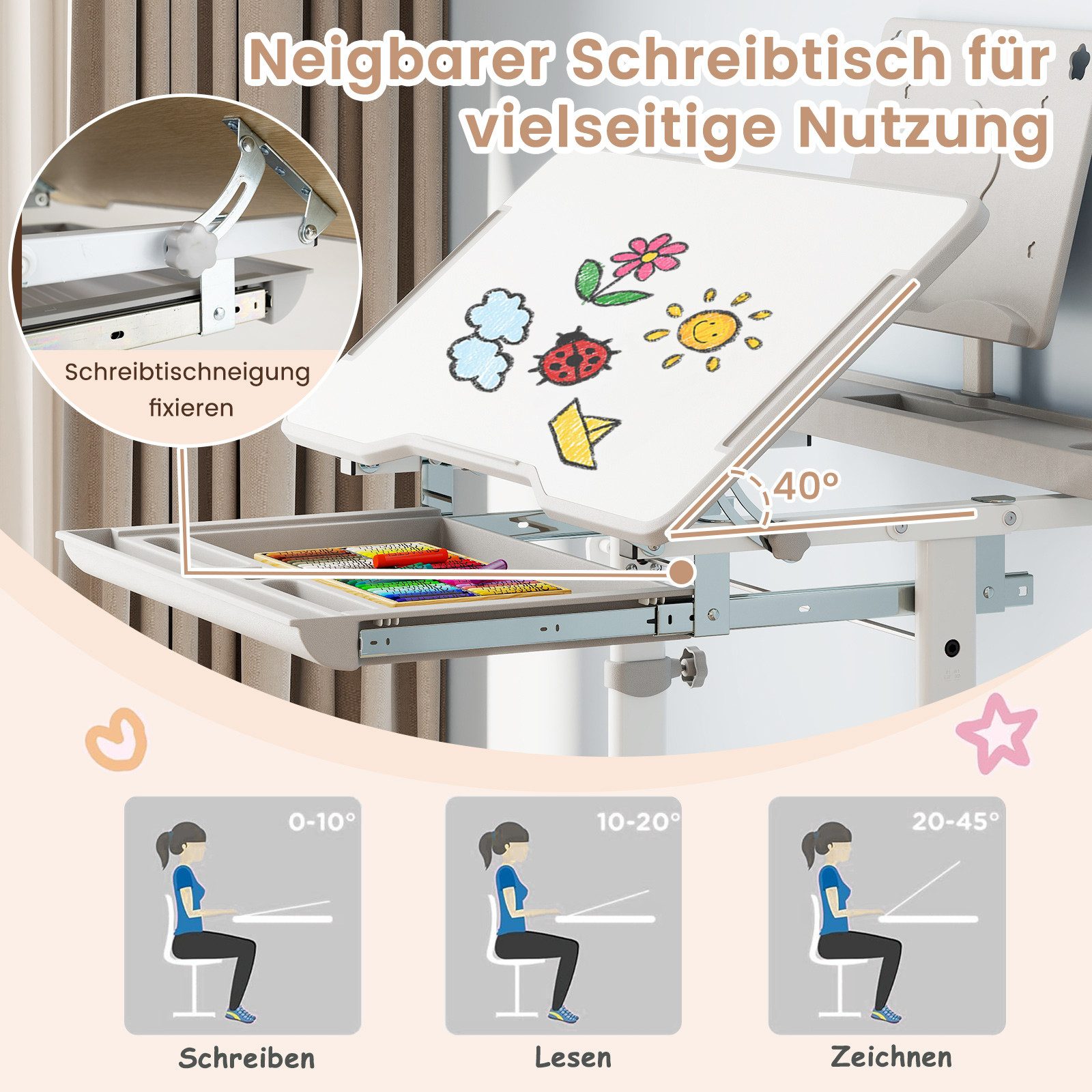 COSTWAY Kinderschreibtisch (2-St), mit Stuhl, kippbar & höhenverstellbar