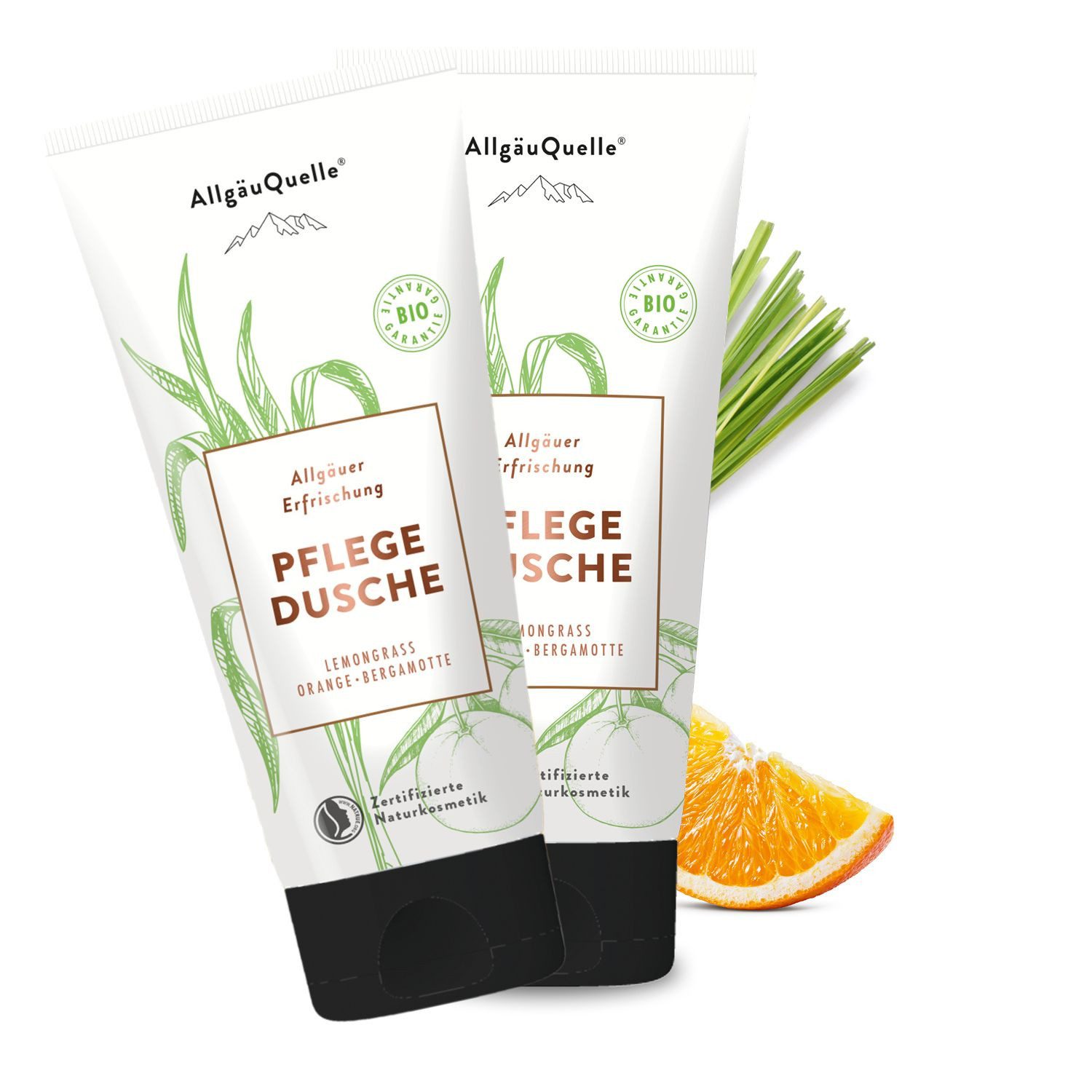 Allgäuquelle Duschcreme BIO Duschgel Duschbad Cremedusche, ätherische Масла von Lemongrass, Orange u. Bergamotte, 2 x 100 ml.