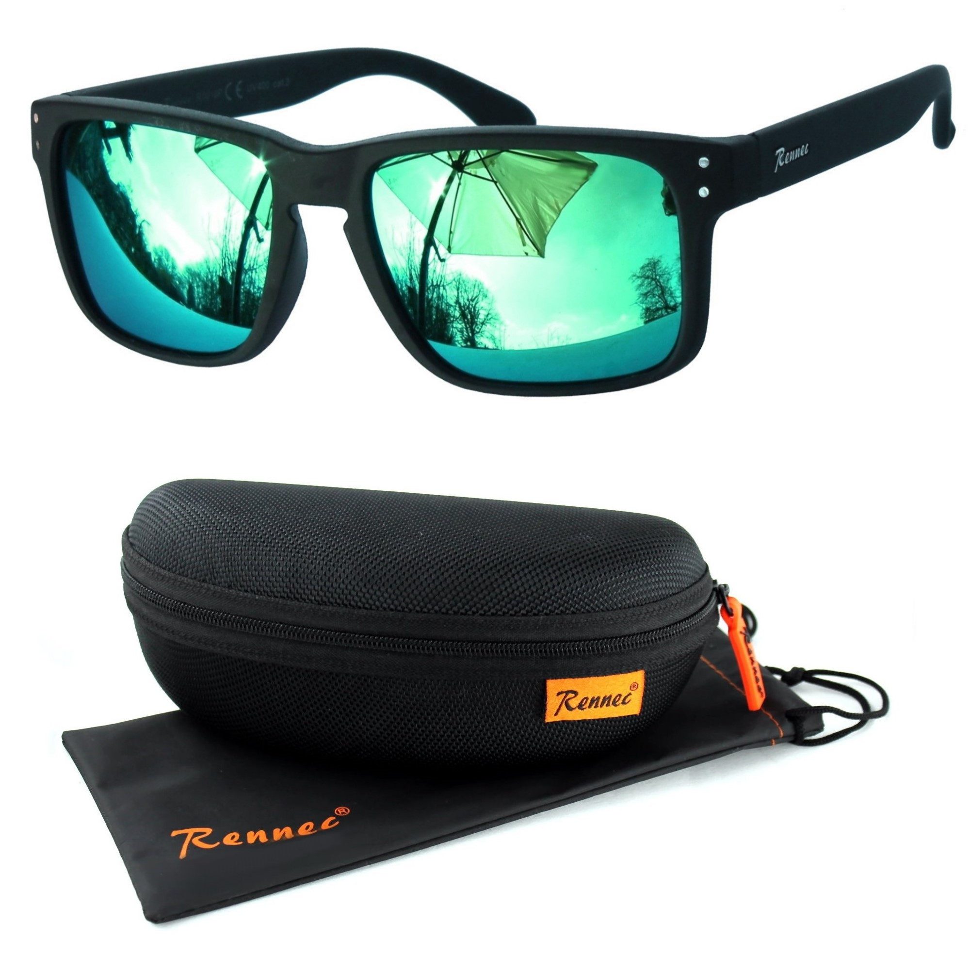 Rennec Sonnenbrille (Marken Sonnenbrille Herren Rechteckig Schwarz Matt) Gläser Türkis Verspiegelt, 3in2 Bügelgelenke, Markenschriftzug