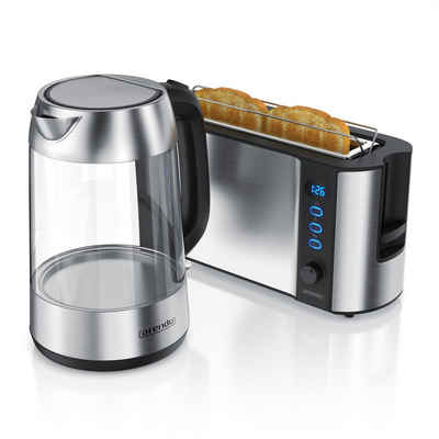 Arendo Frühstücks-Set (2-tlg), Glas Wasserkocher 1,7l / 2-Scheiben Toaster, Edelstahl, Silber