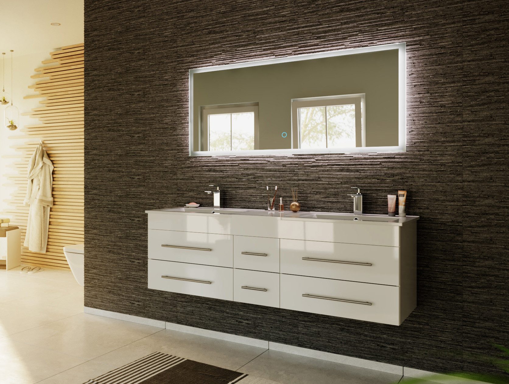Magnolia Home Waschtisch Badmöbelset Roma XL 2-teilig mit LED Spiegel weiss hochglanz