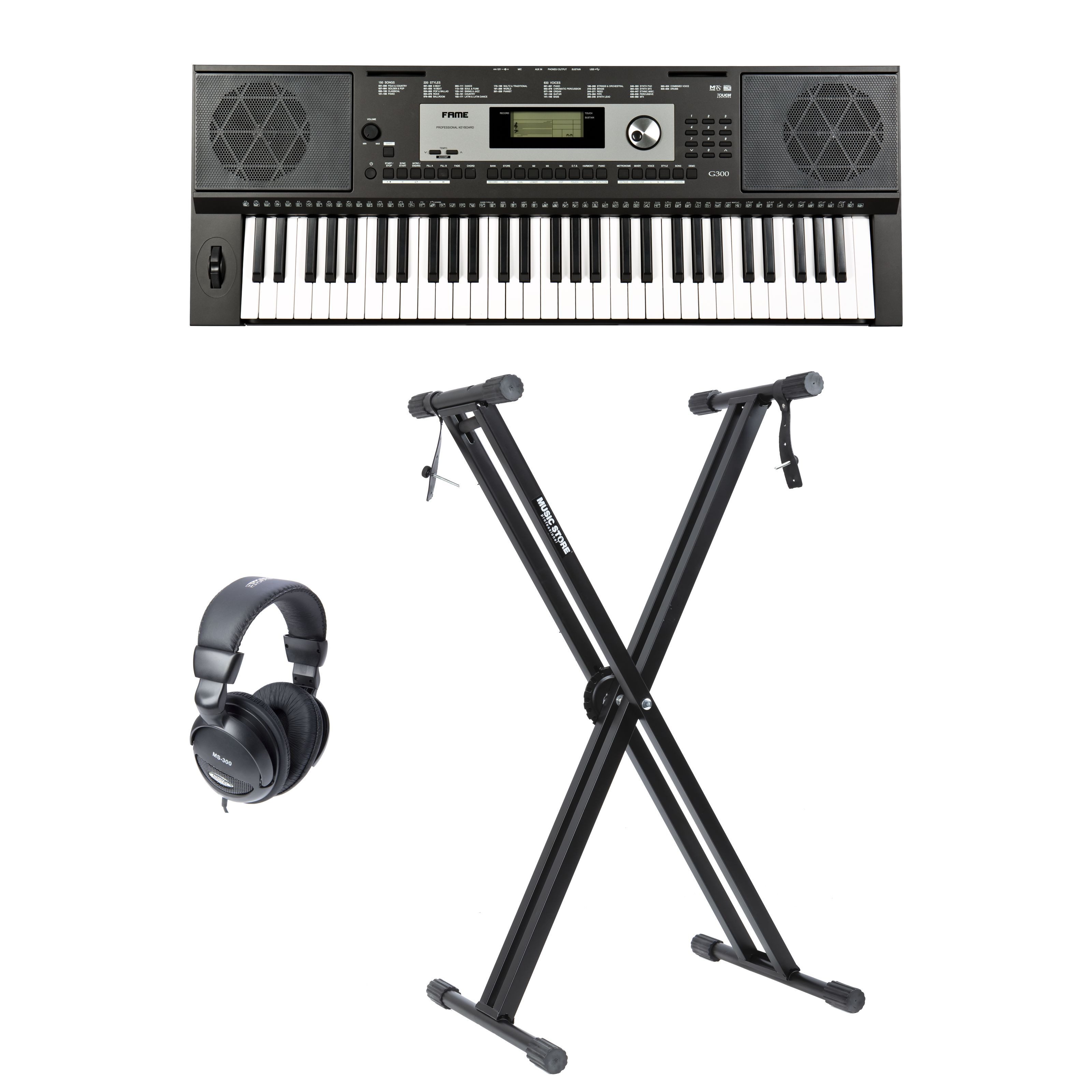 FAME Home-Keyboard (G-300 Keyboard Set 61 Tasten Leicht Gewichtet Digital Stylearranger 633 Sounds 220 Styles 128-fache Polyphonie Inklusive Kopfhörer und Ständer, Keyboards, Home Keyboard Sets), G-300 Keyboard Set, 61 Tasten, Stylearranger, Digital, Leicht