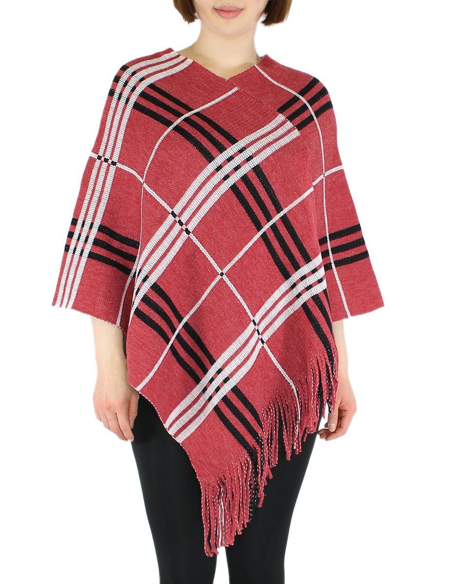 dy_mode Strickponcho Damen Strick Poncho Kariert Fransenponcho Überwurf Cape Pullover in Karo Muster, mit Fransen