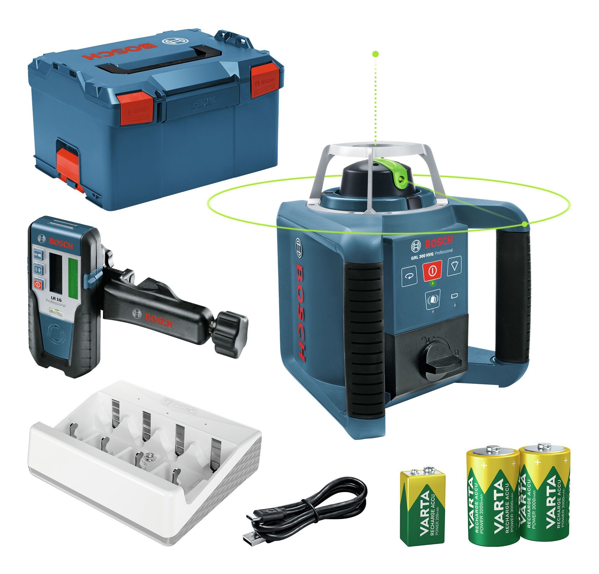 BOSCH Punkt- und Linienlaser GRL 300 HVG, Mit 3x Varta-Akku & Laser-Empfänger LR 1G - in L-BOXX 238
