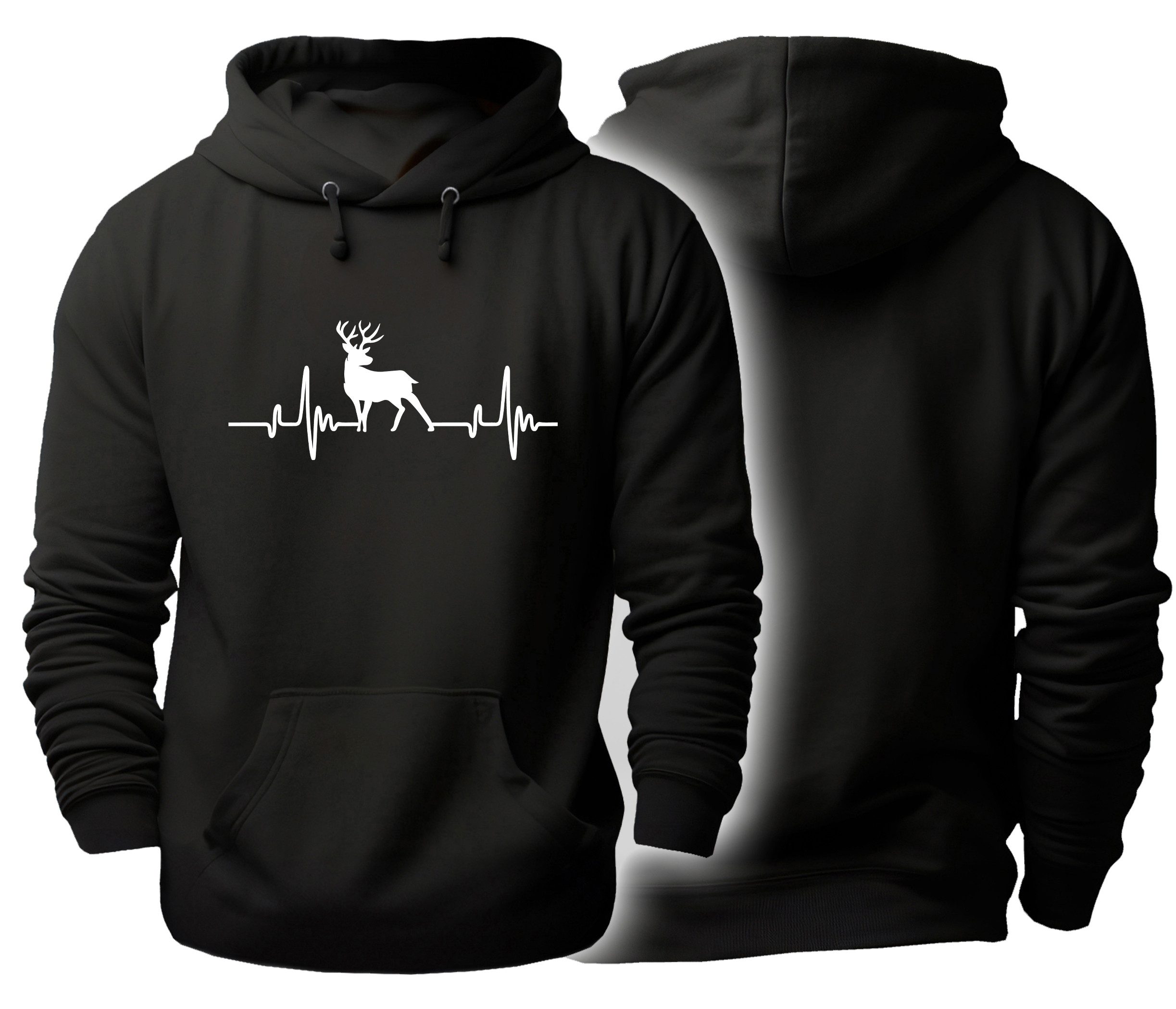 MyDesign24 Hoodie Kapuzen Pullover - Herzschlaglinie mit Wildtier schwarzer Kapuzensweater Gr.S i579