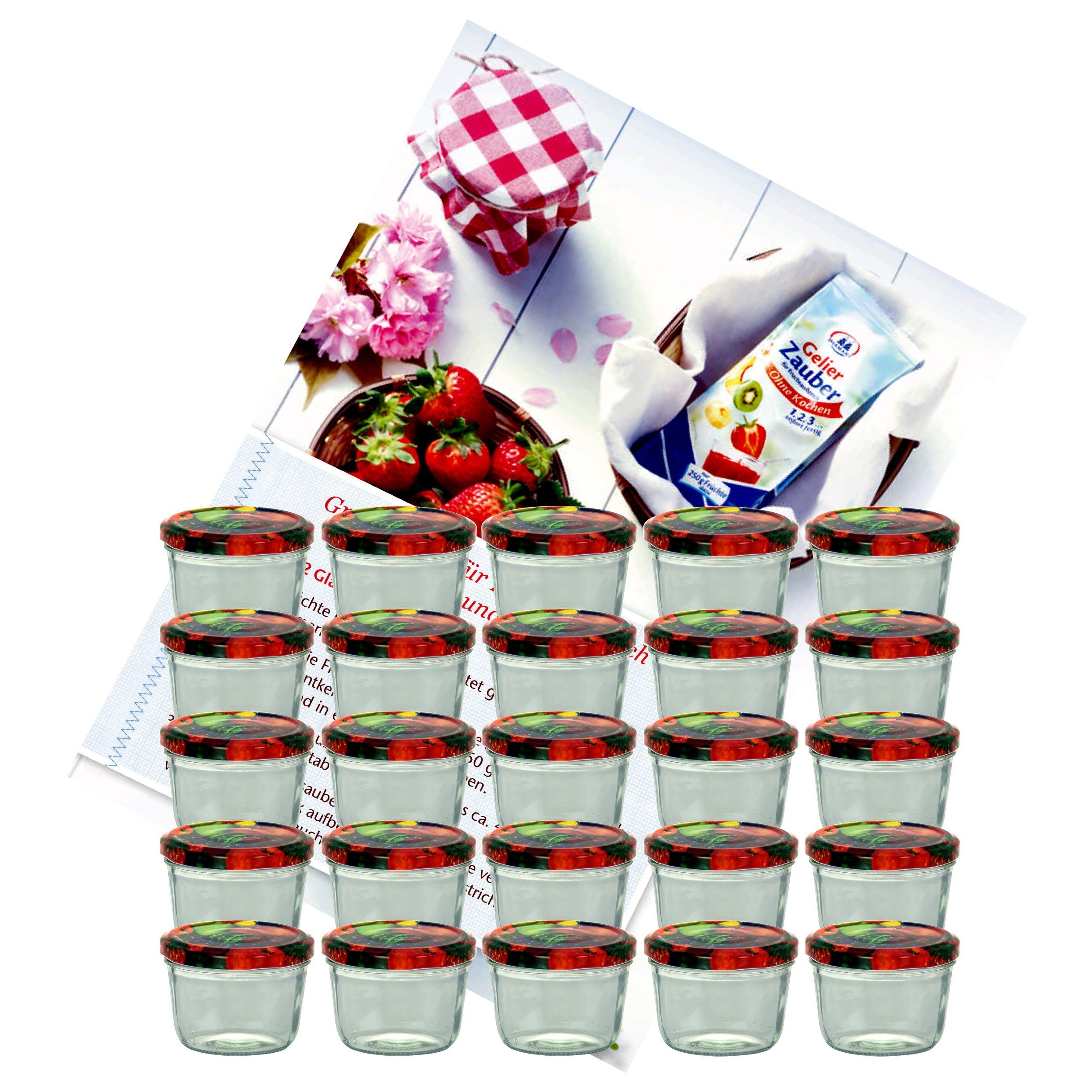 MamboCat Einmachglas 24er Set Sturzglas 230 ml To 82 Obst Dekor Deckel incl. Rezeptheft