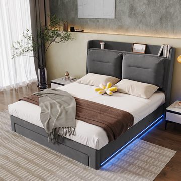 REDOM Polsterbett Hydraulisches Bett (LED-Licht-Polsterbett, mit Lattenrost, 140*200cm), 2-in-1 Stauraumschubladen, eingelassene LED-Lichtleisten