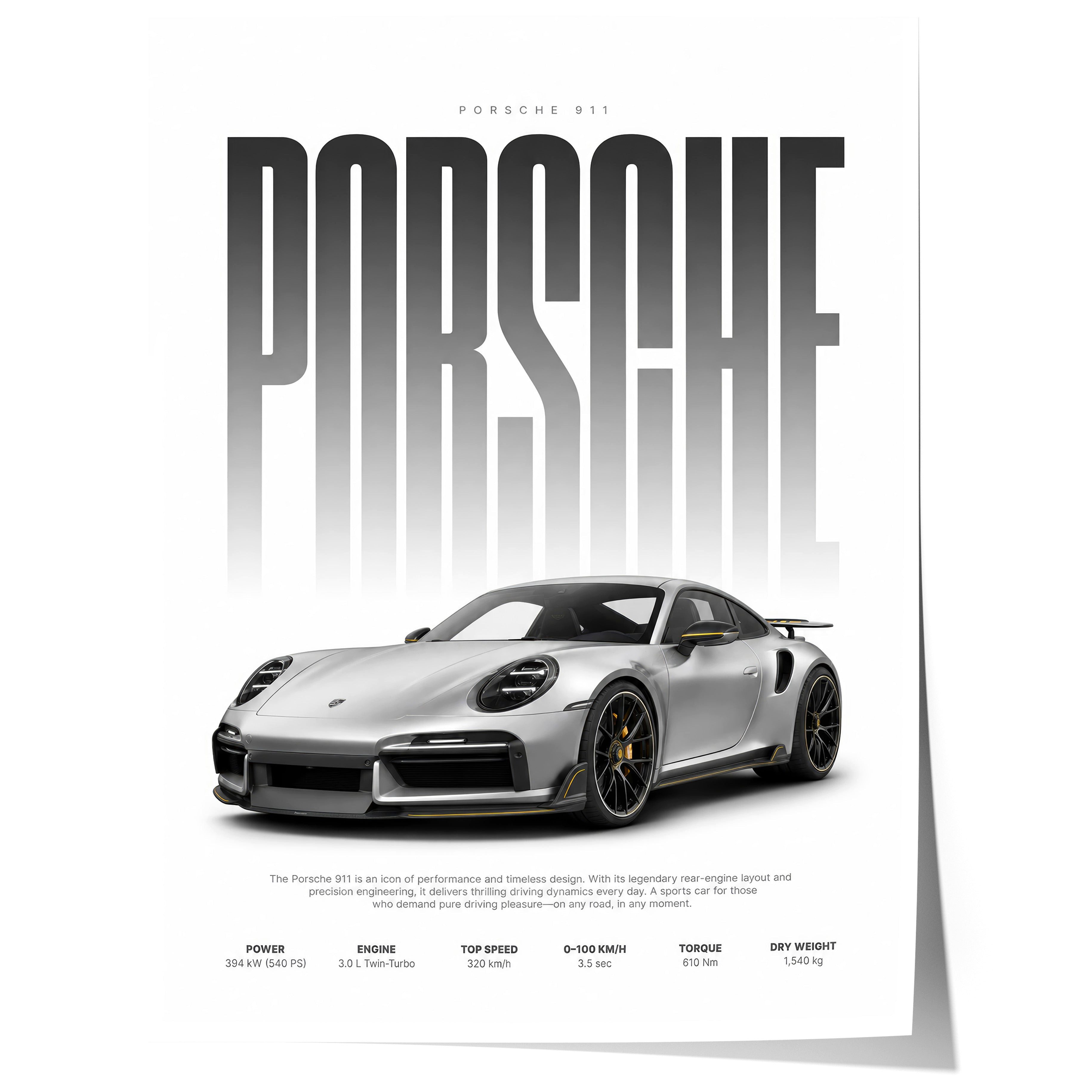 JUSTGOODMOOD Poster Silberner Sportwagen Geschenkidee Luxus Coup Wandbild Deko Print ohne, (1 St)