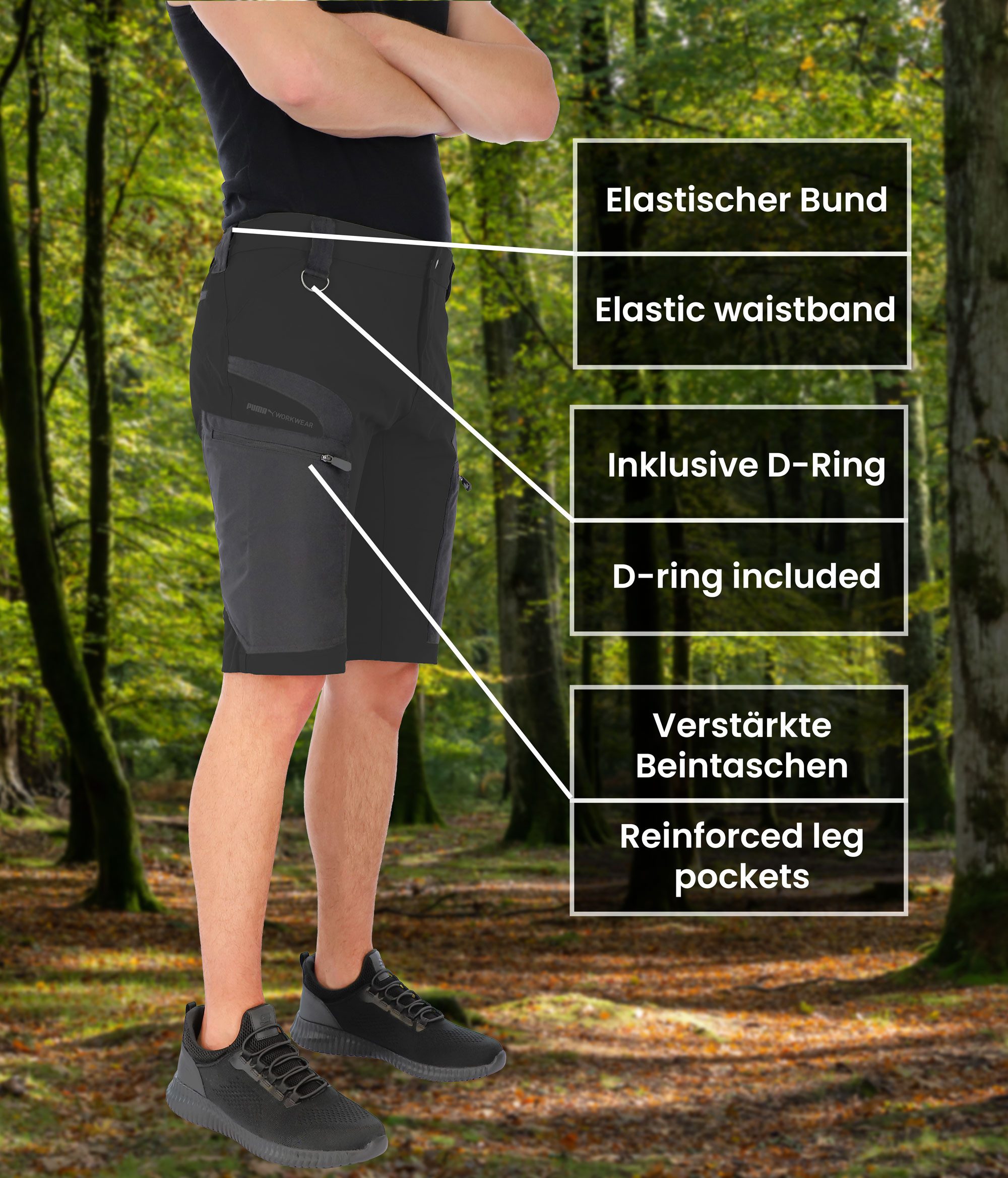 PUMA Workwear Trekkinghose PRO ONE ADVENTURE Outdoor Shorts Herren - Mit D-Ring - 4-Wege Stretch Robuste Wanderhose Herren kurz - Outdoor Hosen Herren