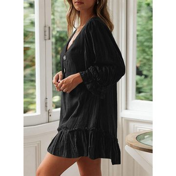 BlauWave A-Linien-Kleid Langärmeliges Baumwoll-Leinen-Kleid mit Rüschensaum (1-tlg) Leicht Kurz Elegant Boho Tunika Kleid Langarm Blusenkleid