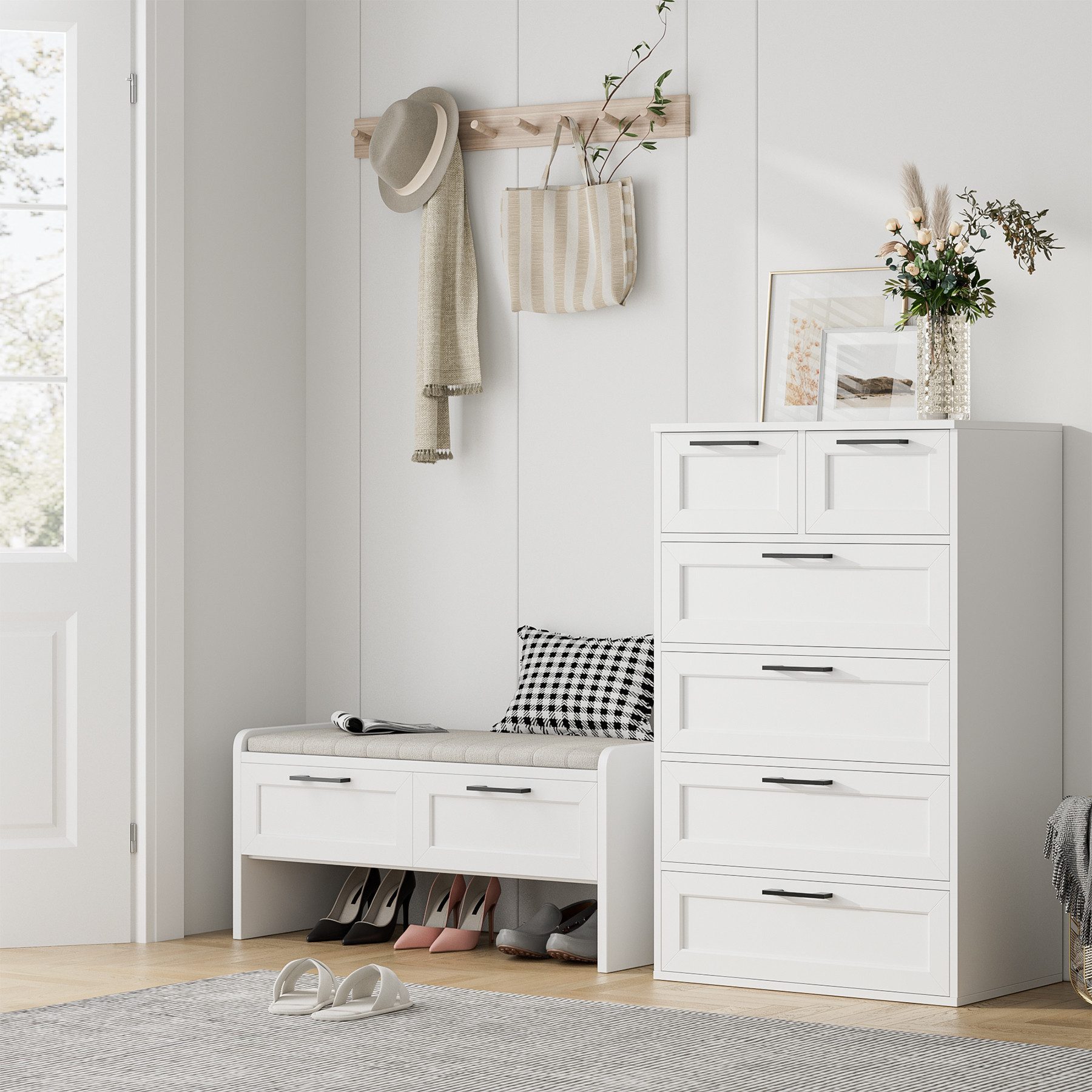 HOMECHO Kommode, Weiß Schlafzimmer Kommode mit 6 Schubladen Hoch Sideboard