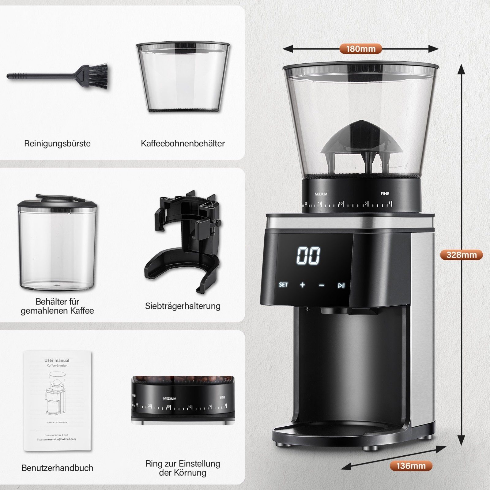 SNDOAS Kaffeemühle elektrisch mit 30 Mahlgradeinstellungen, 300g Behälter, Touchdisplay, 160 W, Kegelmahlwerk, 300 g Bohnenbehälter, 40mm Konusmahlwerk, Siebträgerhalterung & leicht zu reinigen