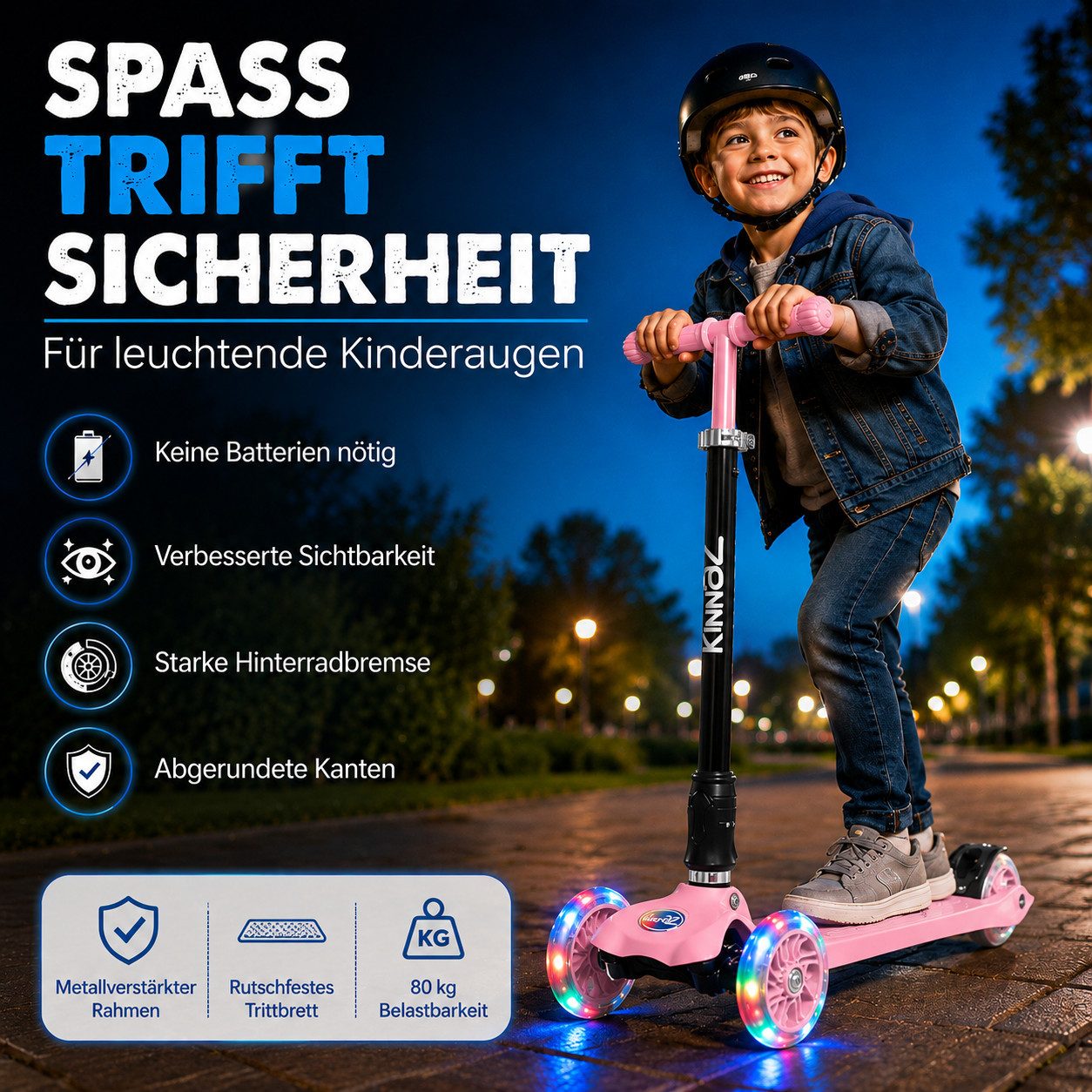 KINNAZ Dreiradscooter ab 5 Jahre, LED Räder, Höhe flexibel, faltbar, Roller Scooter Garantie, (Kinderroller, Kinnaz Two), faltbar, höhenverstellbar, LED Räder, Ersatzteilservice, aus Hamburg