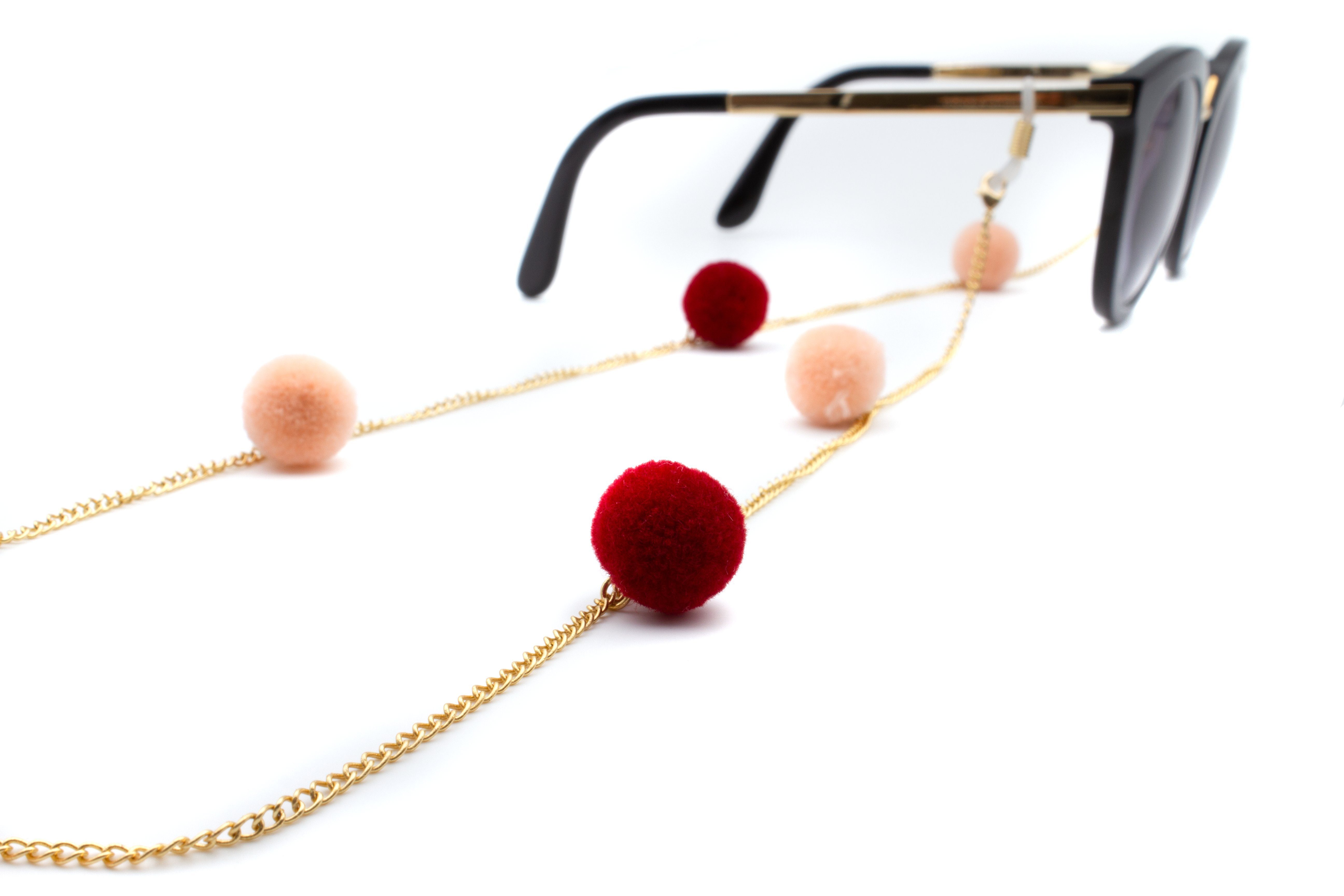 GERNEO Brillenband GERNEO® - Tel Aviv - Premium Brillenkette & Brillenband, Versiegelung aus 18 Karat Gold oder 925er Silber Bommeln in Samtoptik Rot-Rosé