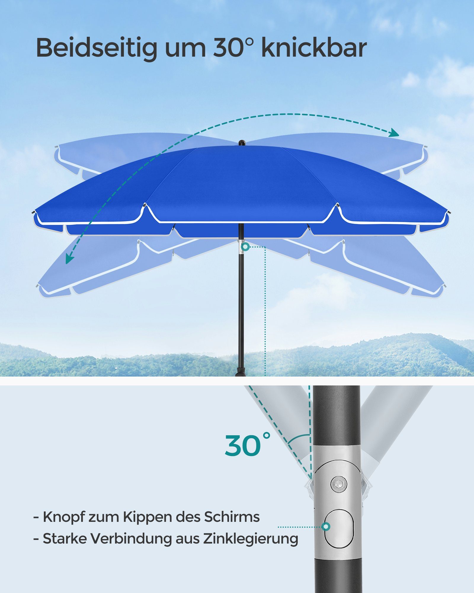 SONGMICS Sonnenschirm, ∅160/∅180/∅200cm,UPF 50+,mit Tragetasche,ohne Ständer