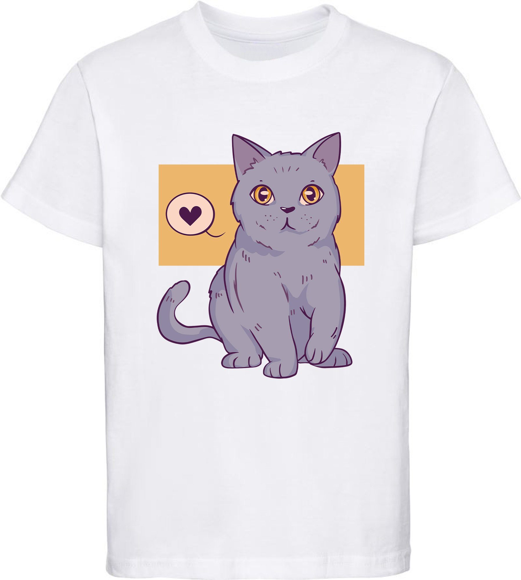 MyDesign24 Print-Shirt bedrucktes Mädchen T-Shirt Katze mit Herz Baumwollshirt mit Aufdruck, weiß, schwarz, rot, rosa, i129 weiss