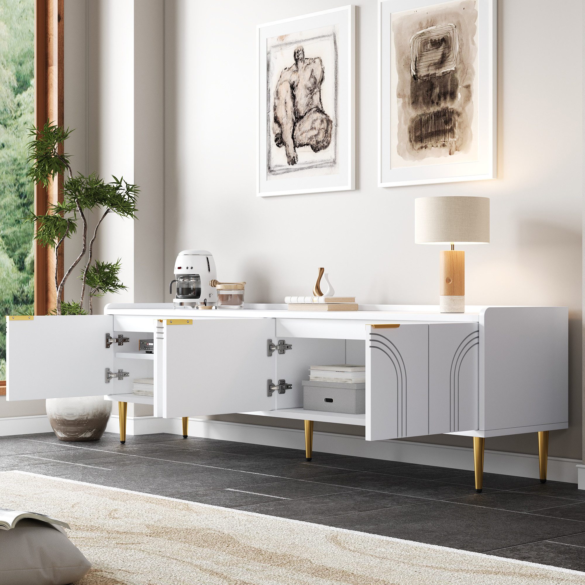 Merax Lowboard mit 3D-Türdesign (Fernsehschrank, 1 St., Stilvoller Stauraum für Wohnzimmer, Entertainmentbereich & mehr), TV-Schrank mit goldenen Griffen & Metallfüßen, 170x35x47.5 cm