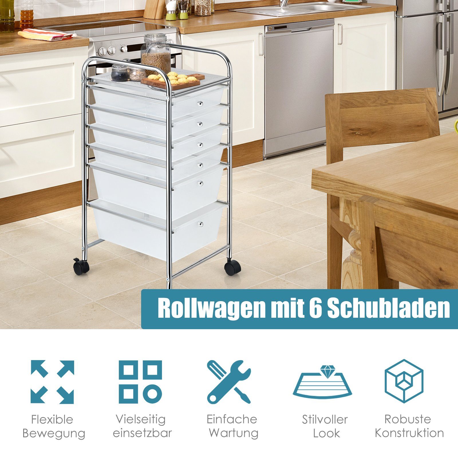 COSTWAY Rollwagen, mit 6 stapelbaren Schubladen, Metallgestell