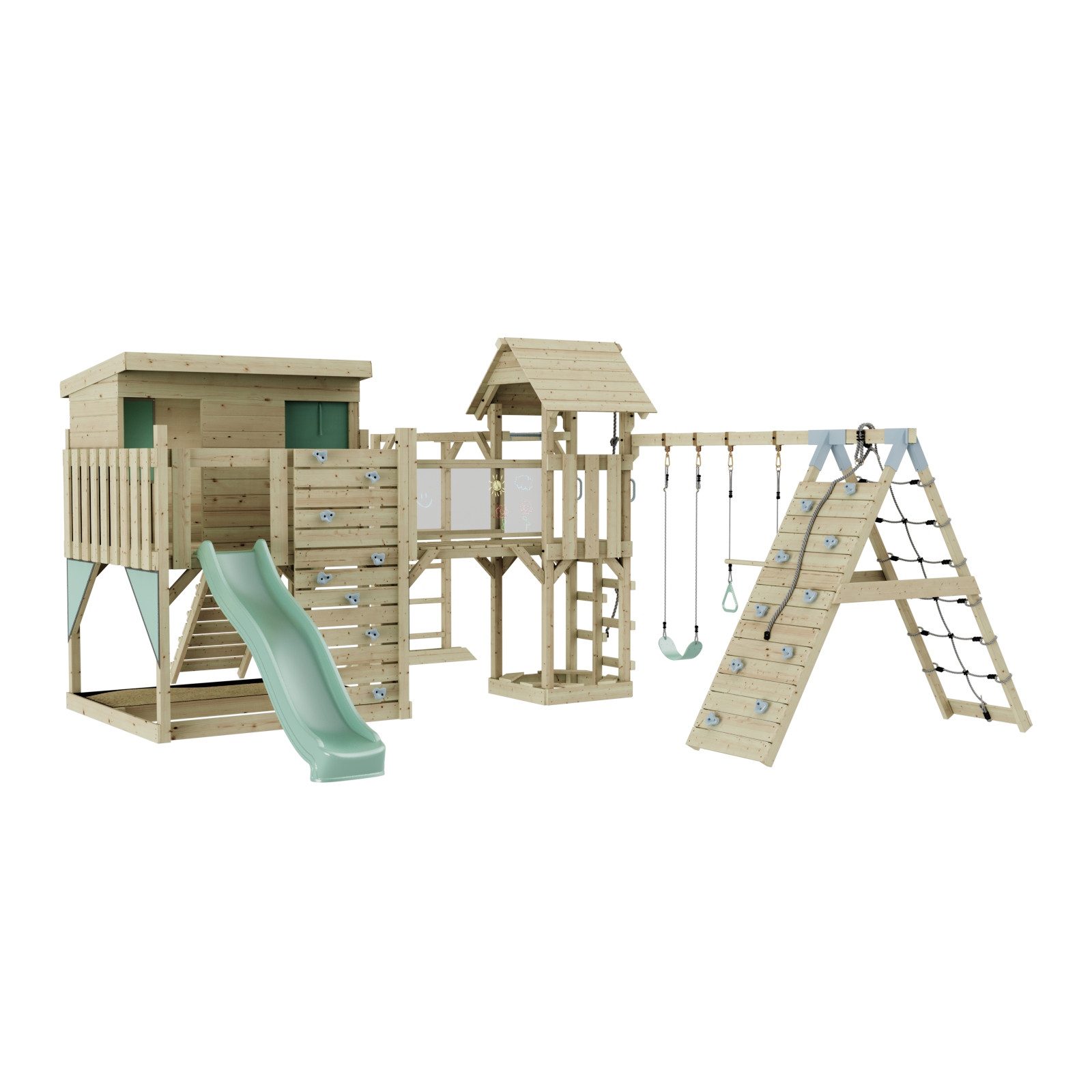 OutdoorToys Spielturm Malin, aus Holz in Mintgrün mit Trapezschaukel mit Rutsche, Kletterwand