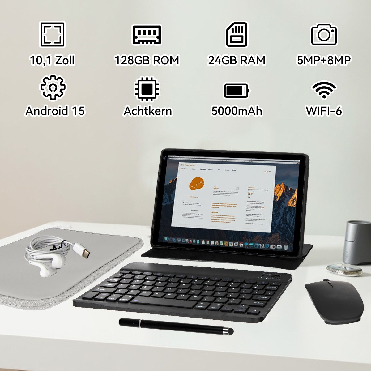 BUFO 10 Zoll Android 15, 4GB RAM 128 GB, mit Tastatur Maus Stift hülle Tablet (10", 128 GB, Android 15, mit AF und Blitz, zwei 1W-Lautsprecher + zwei Mikrofone)