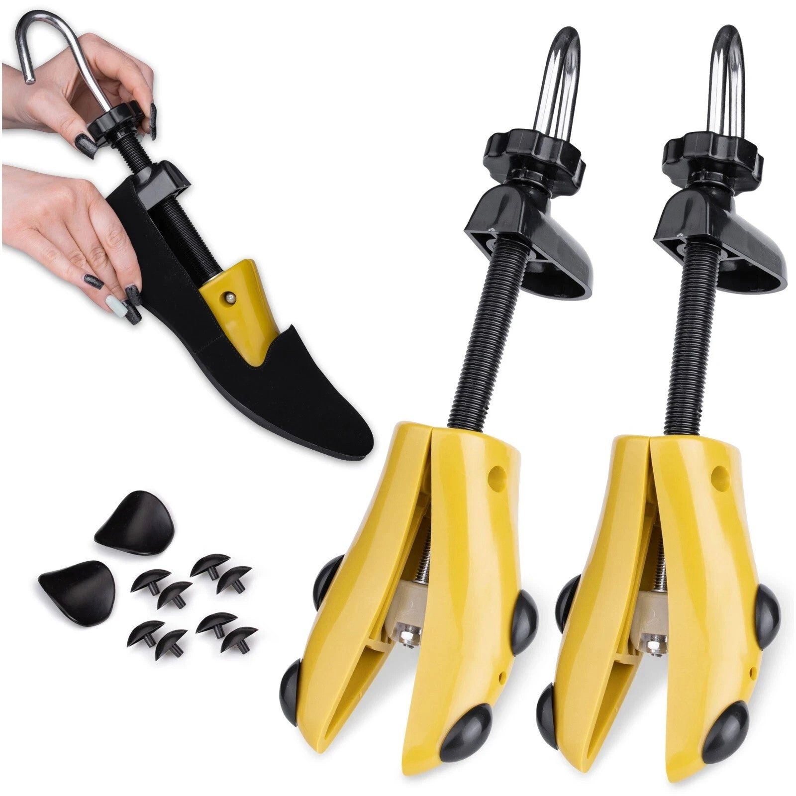 MALATEC Schuhdehner Stretch-Schuhspanner 40–47 stufenlos verstellbar mit Dehnspitzen Gelb (Set, 2-tlg., inkl. 8 Ballenzehen-Tipps und 2 Dehnspitzen), stufenlos verstellbar, ergonomisch und robust