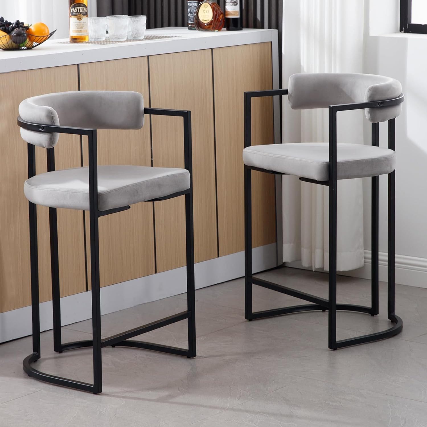 WAHSON OFFICE CHAIRS Barhocker 2er Set, Samt Küchenhocker Barstühle mit schwarzen Metallbeinen (2 St)