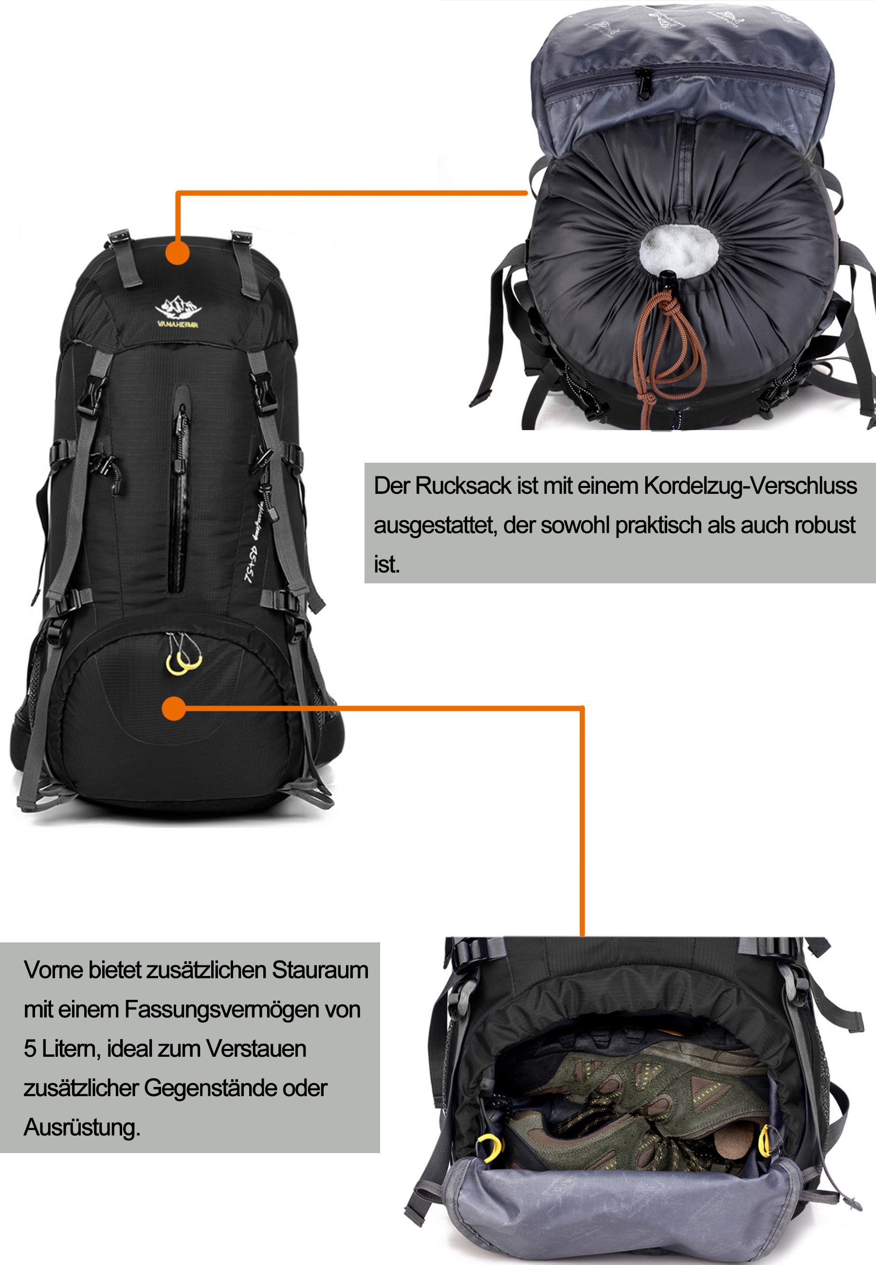 RAIKOU Wanderrucksack 50L Trekkingrucksack Wasserdicht, Reisetasche Ultralight (Regenhülle, Hüftgurt mit praktischen Taschen), Atmungsaktives Tragesystem