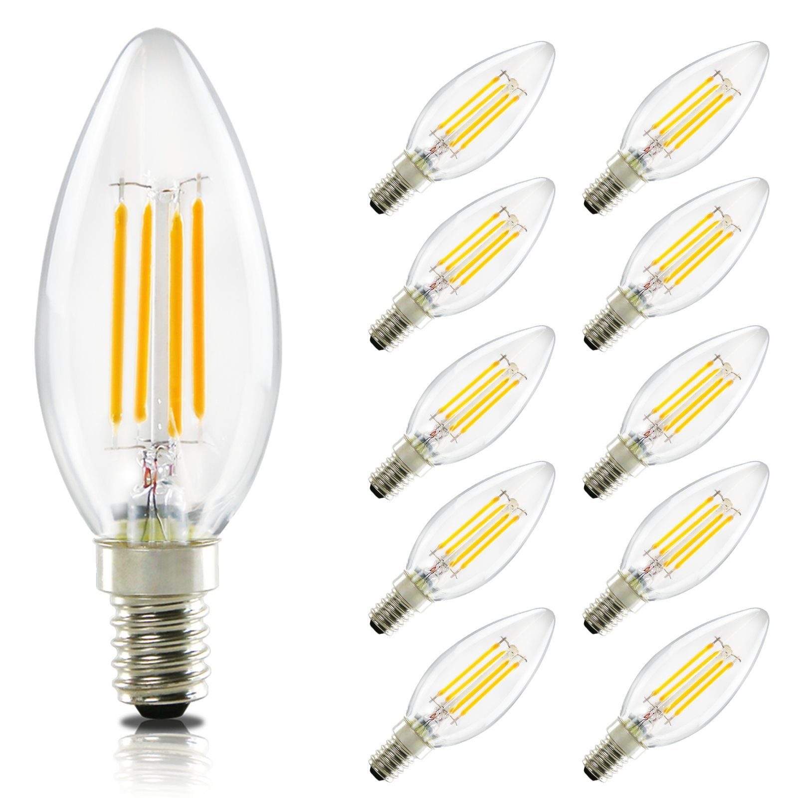 ZMH LED-Leuchtmittel E14 Glühbirne Warmweiß Lampe kerze 4W 2700K Filament Retro, E14, 10 St., 2700k, Augenschutz