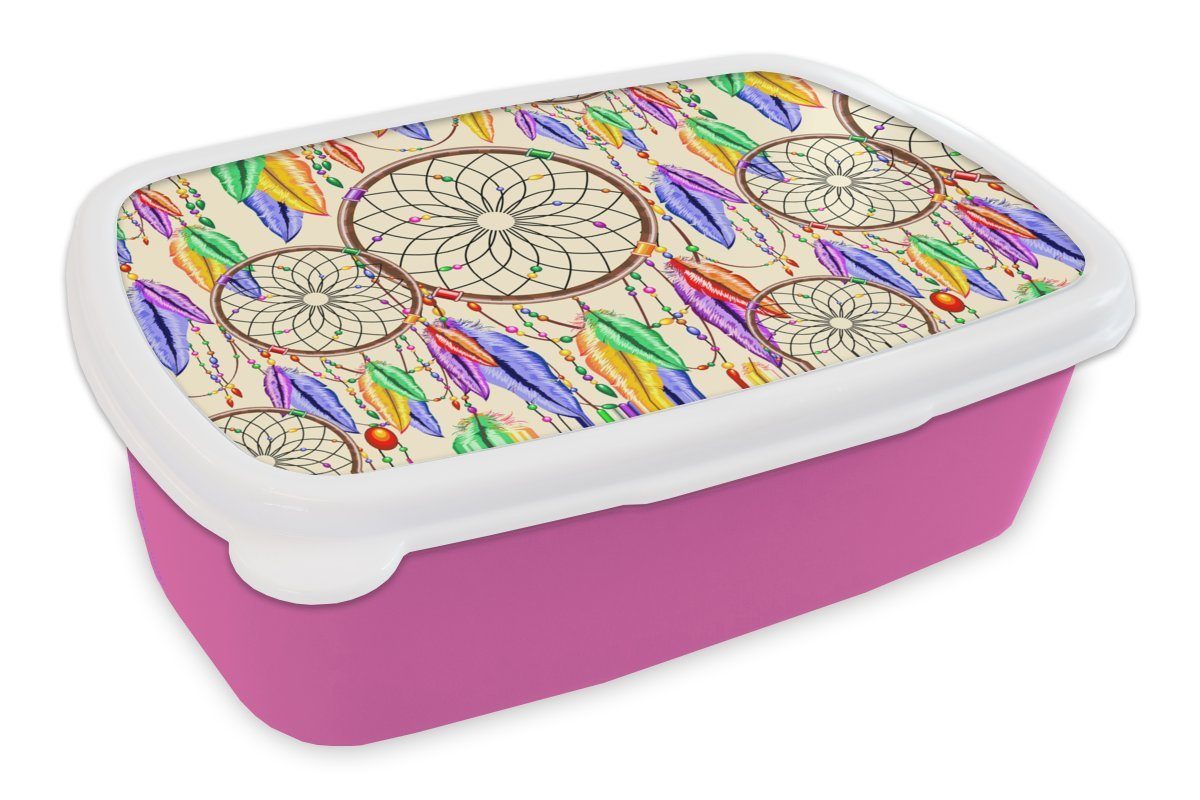 MuchoWow Lunchbox Traumfänger - Federn - Muster, Kunststoff, (2-tlg), Brotbox für Erwachsene, Brotdose Kinder, Snackbox, Mädchen, Kunststoff rosa