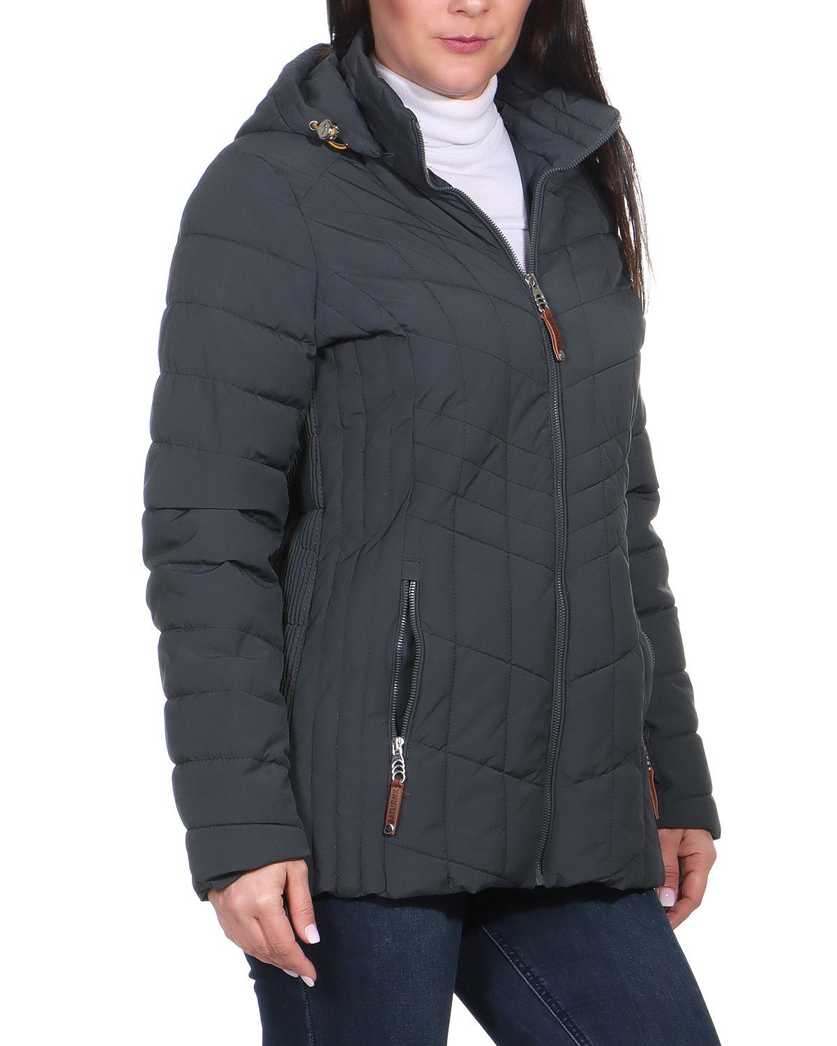 Aurela Damenmode Winterjacke Kuschelige Steppjacke Damen gefüttert für warm mit mit erhältlich, Kapuze, mit (1-St) auch Größen großen Blau-Grau in Innenfell Teddyfell